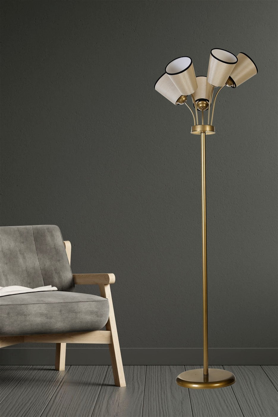 Candeeiro de Pé – 165 cm – Creme e Dourado – Metal e Tecido
