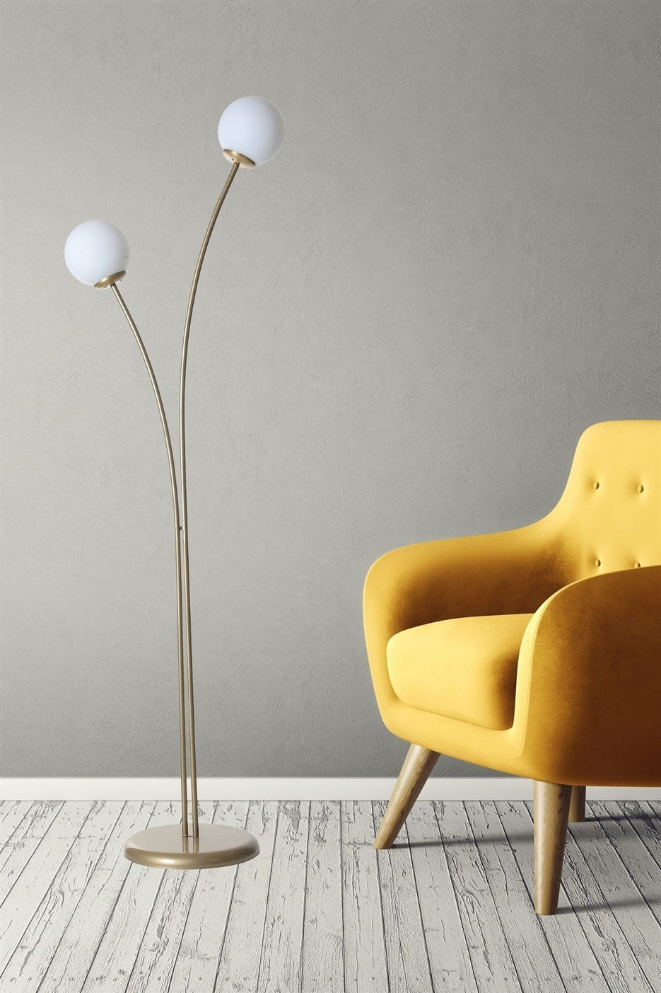 Candeeiro de Pé – 165 cm – Dourado e Branco – Metal e Vidro