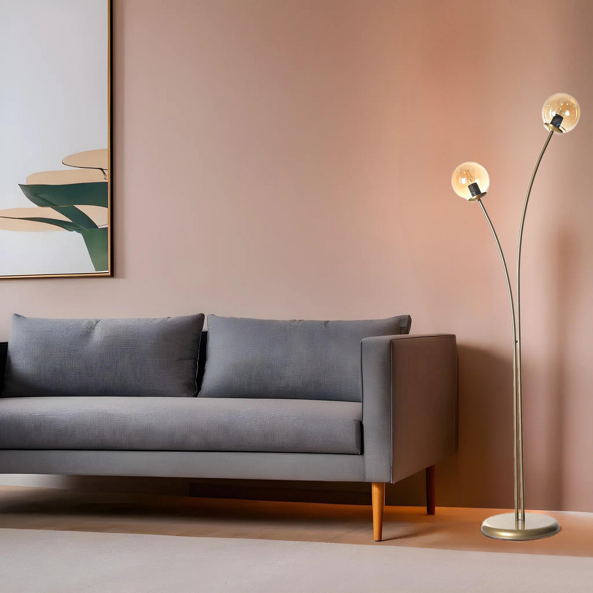Candeeiro de Pé – 165 cm – Âmbar e Dourado – Metal e Vidro