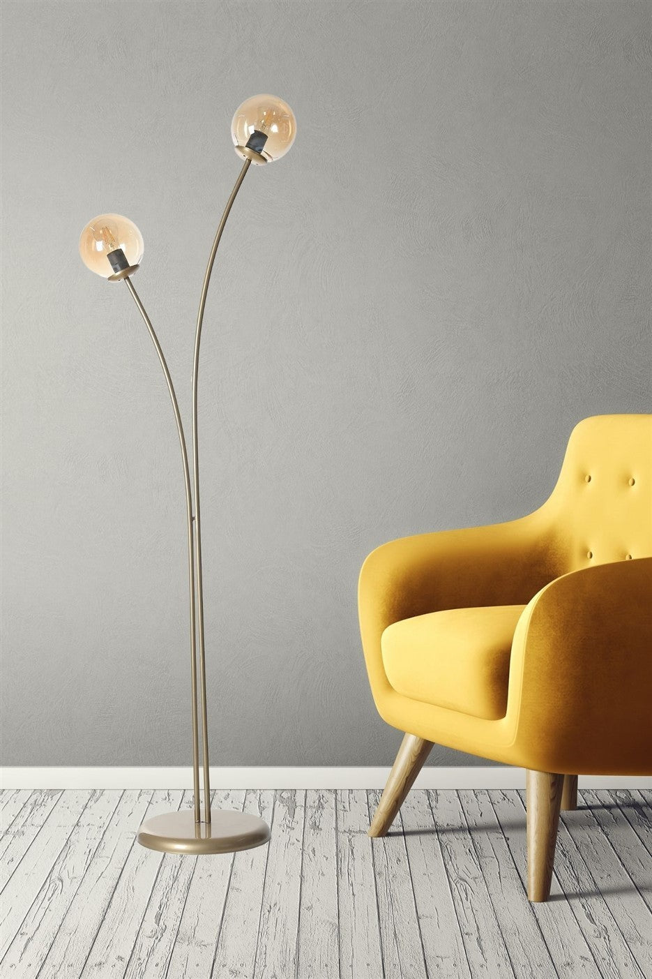 Candeeiro de Pé – 165 cm – Âmbar e Dourado – Metal e Vidro