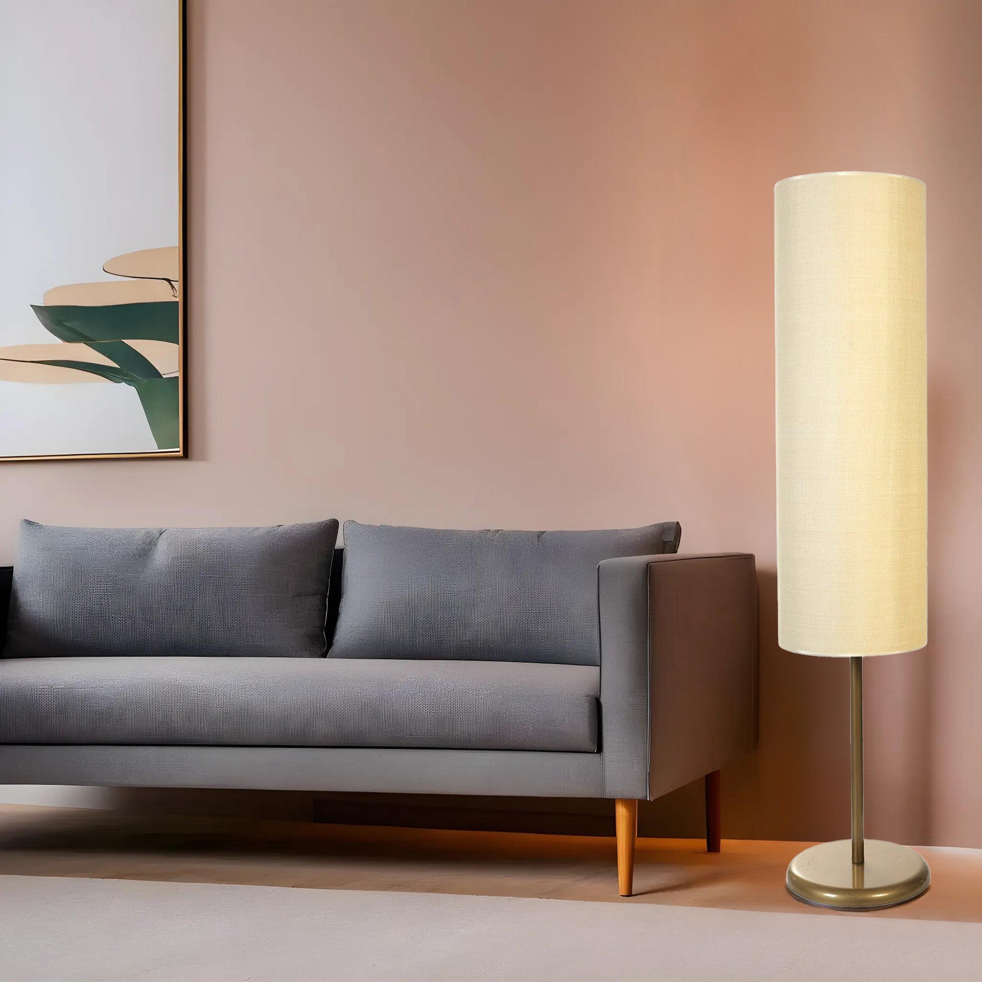 Candeeiro de Pé – 140 cm – Dourado e Creme – Metal e Bambu