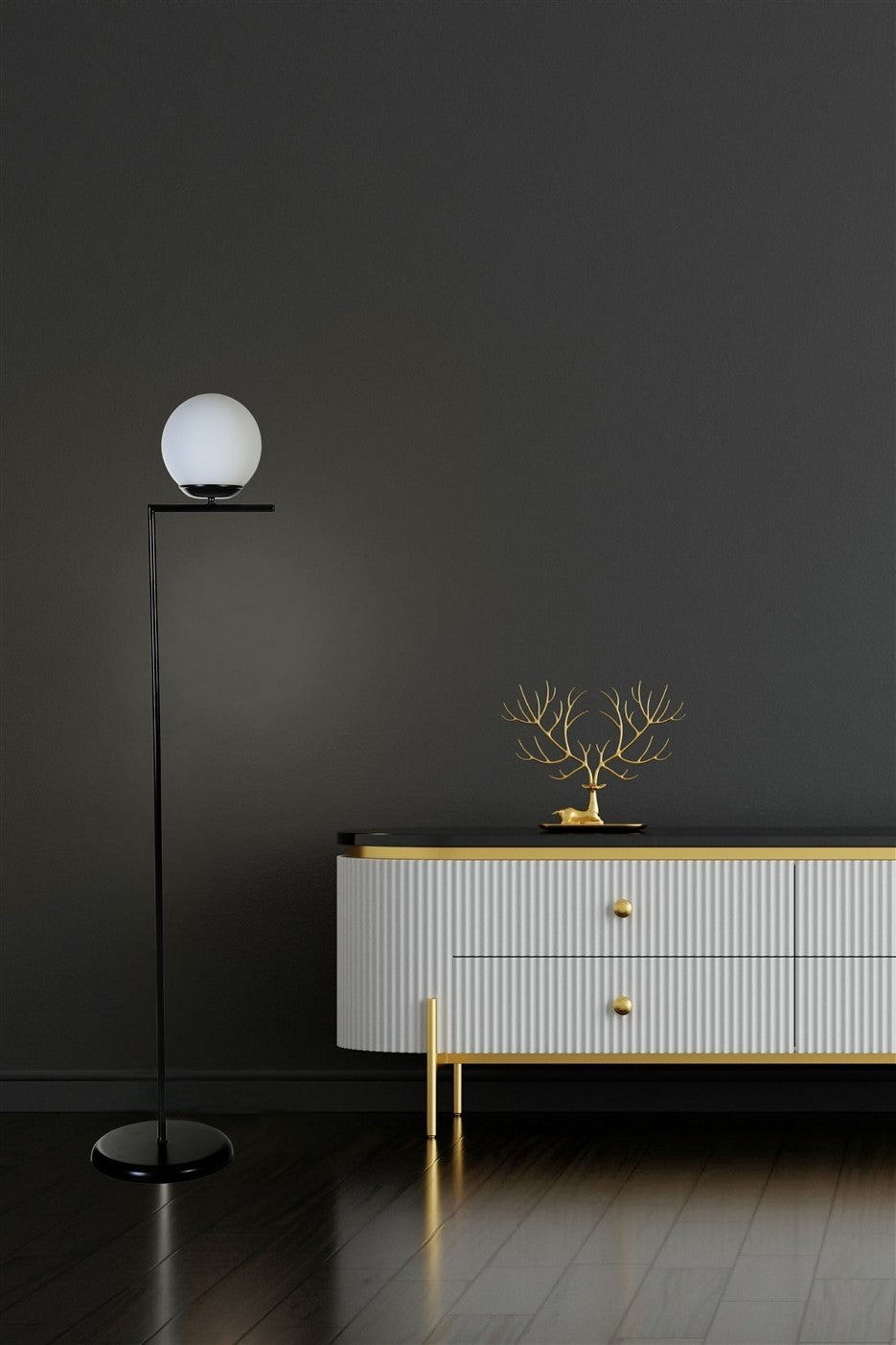 Candeeiro de Pé – 155 cm – Preto e Branco – Metal e Vidro