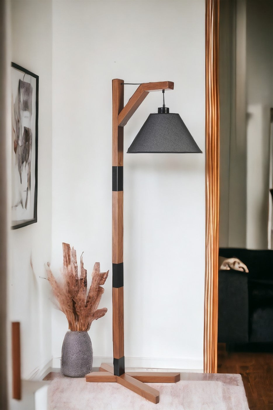 Candeeiro de Pé – 175 cm – Nogueira e Preto – Metal