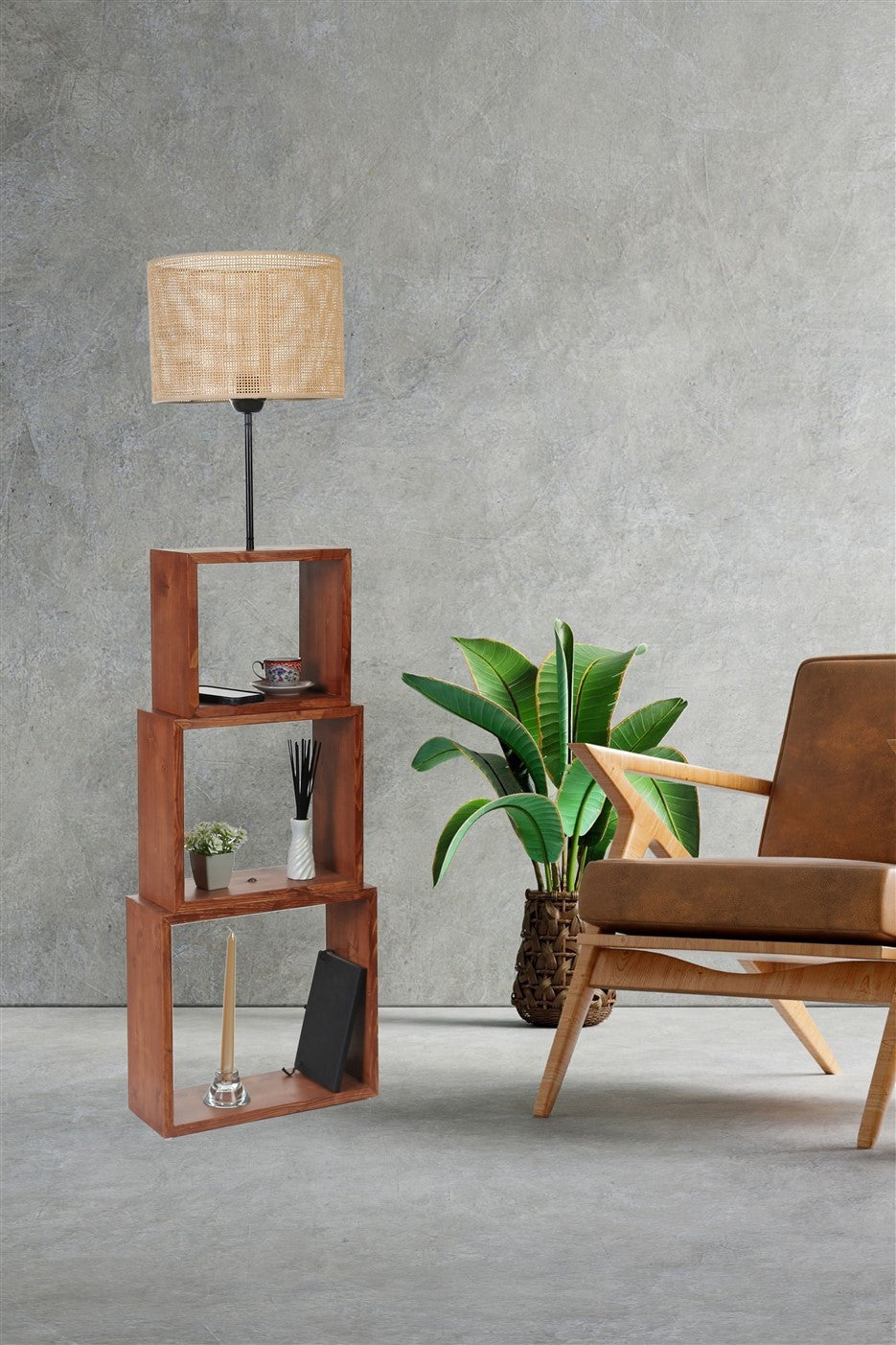 Candeeiro de Pé – 140 cm – Bege – Metal e Madeira