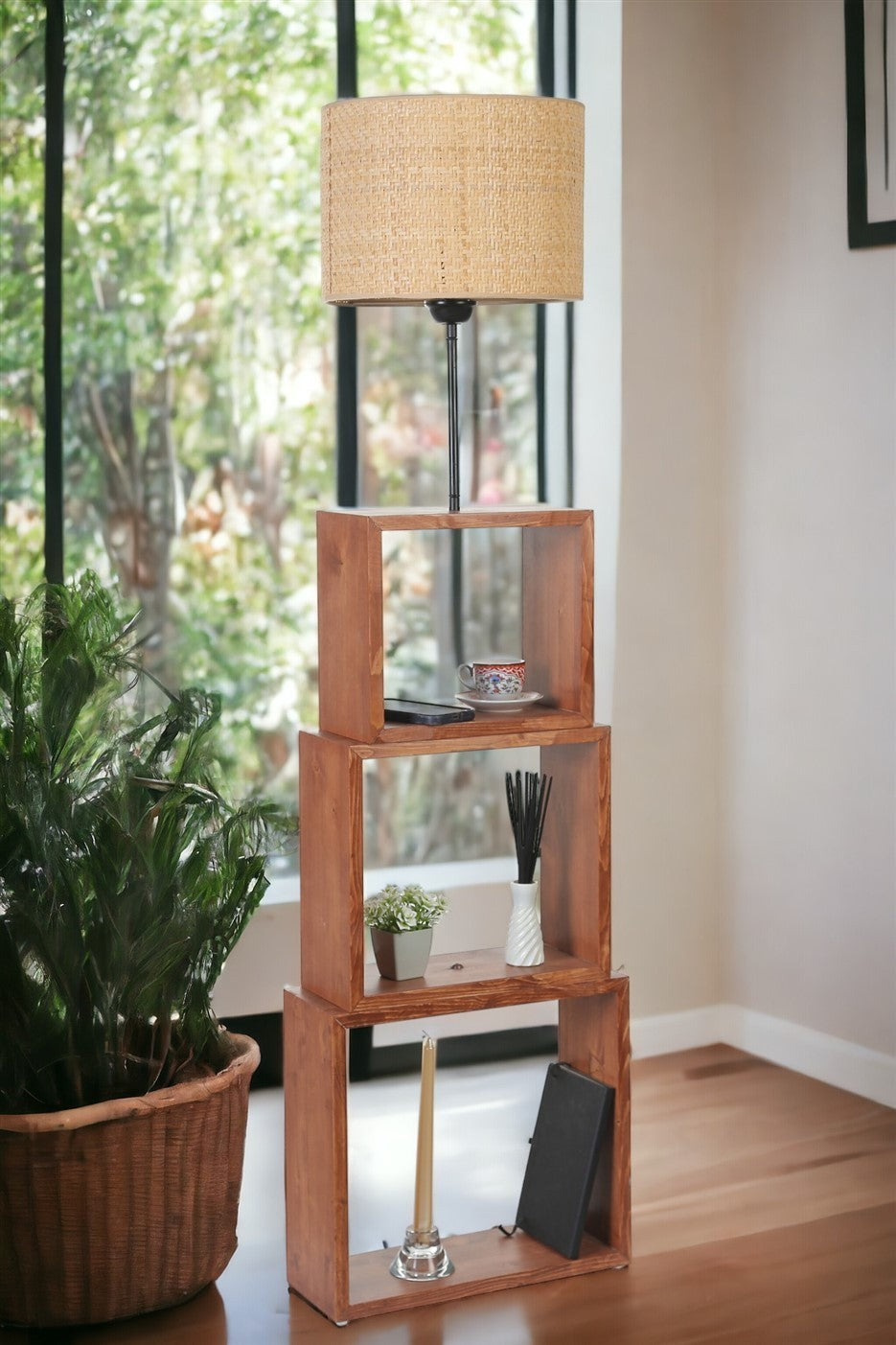Candeeiro de Pé – 140 cm – Bege – Metal e Madeira