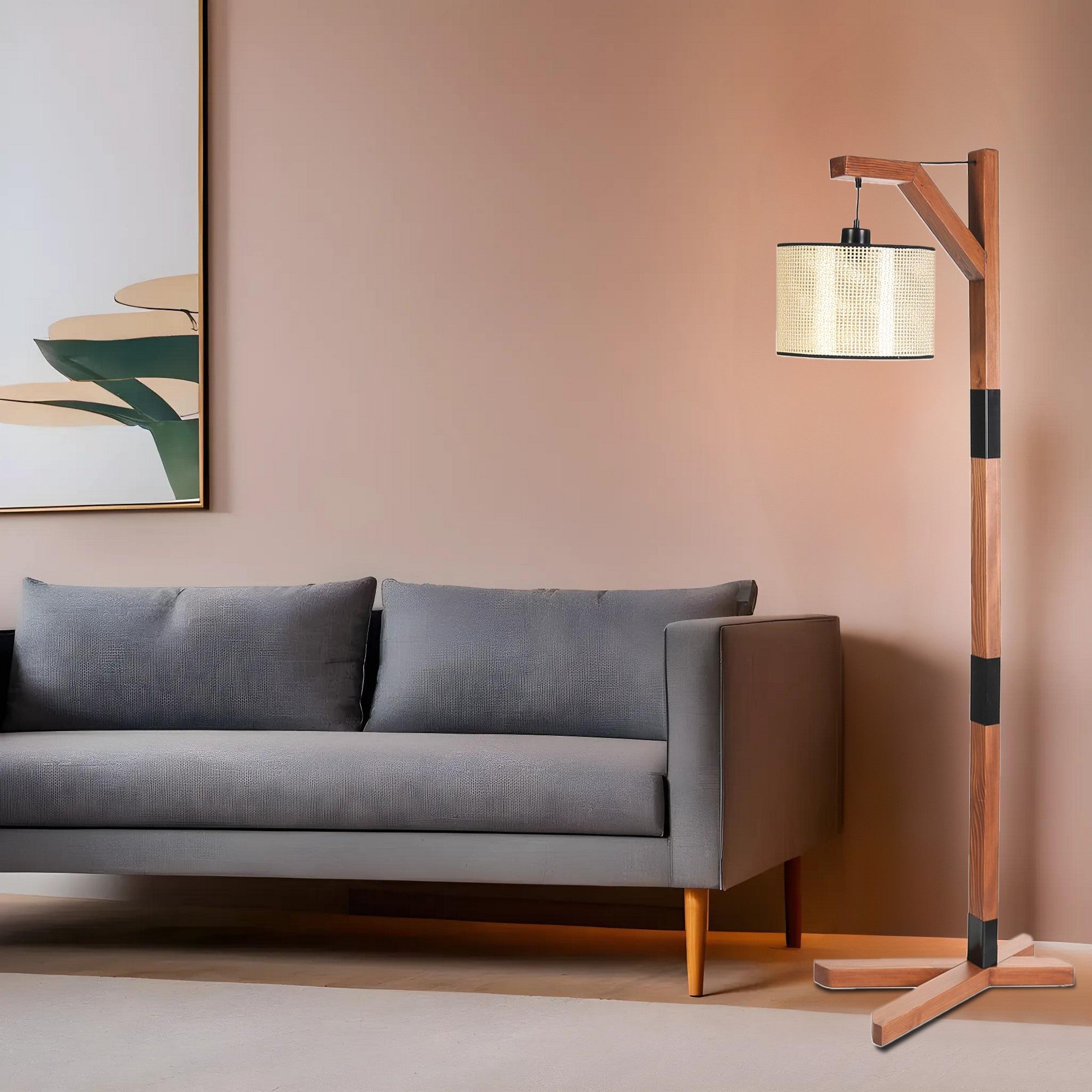 Candeeiro de Pé – 175 cm – Nogueira e Bege – Metal