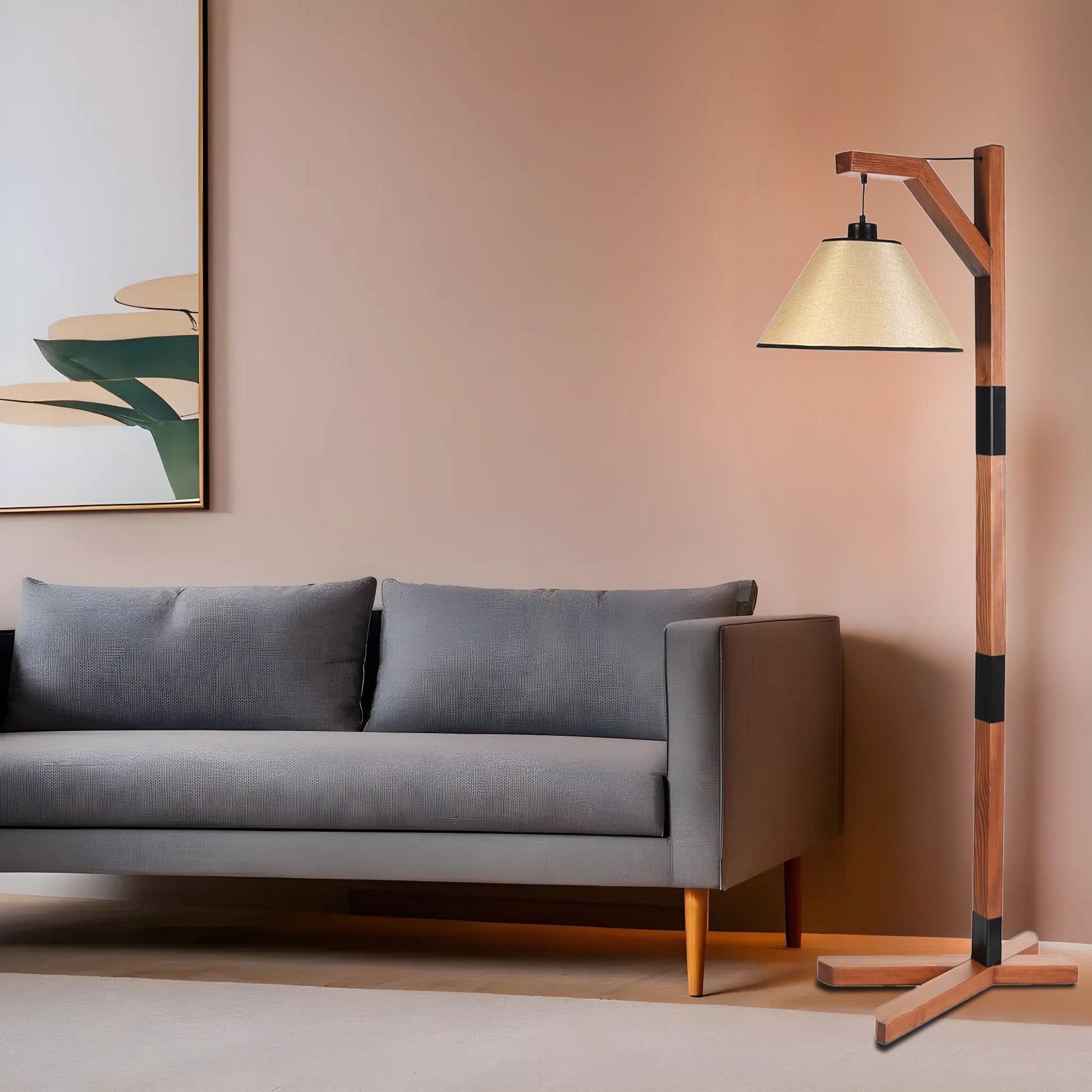 Candeeiro de Pé – 175 cm – Nogueira e Bege – Metal