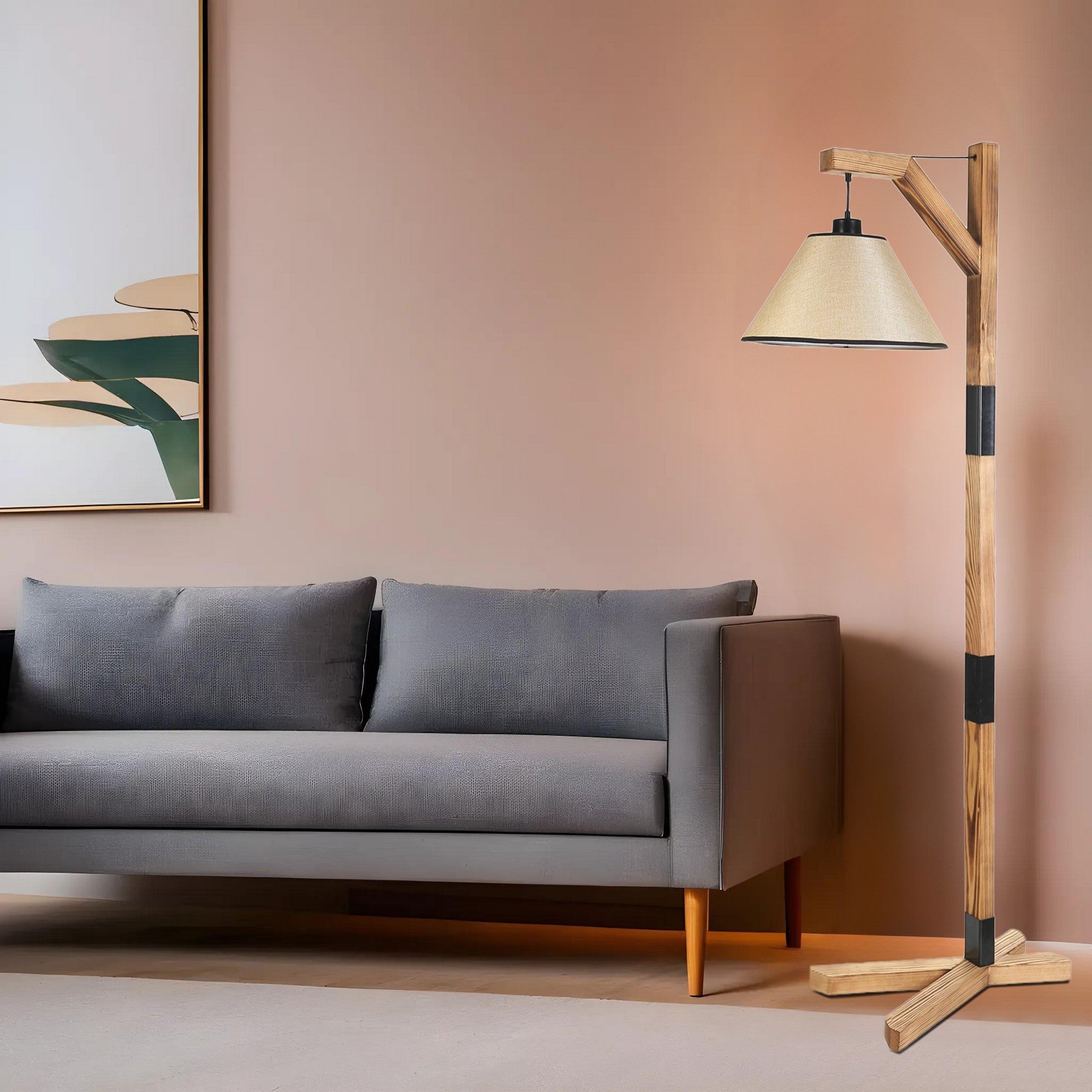 Candeeiro de Pé – 175 cm – Madeira e creme – Corpo metálico e cúpula de tecido