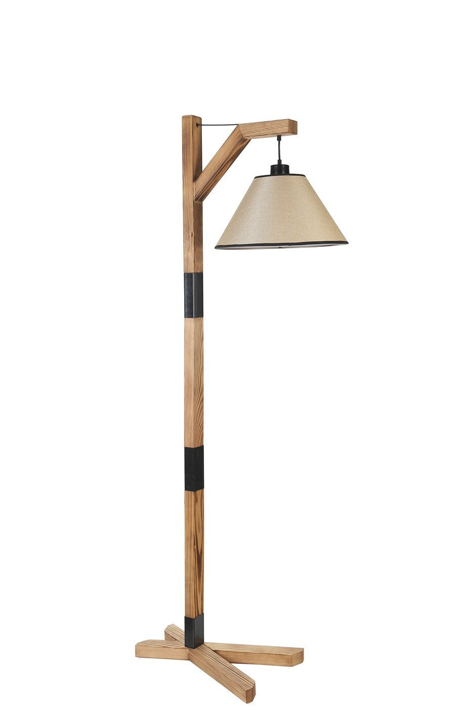 Candeeiro de Pé – 175 cm – Madeira e creme – Corpo metálico e cúpula de tecido