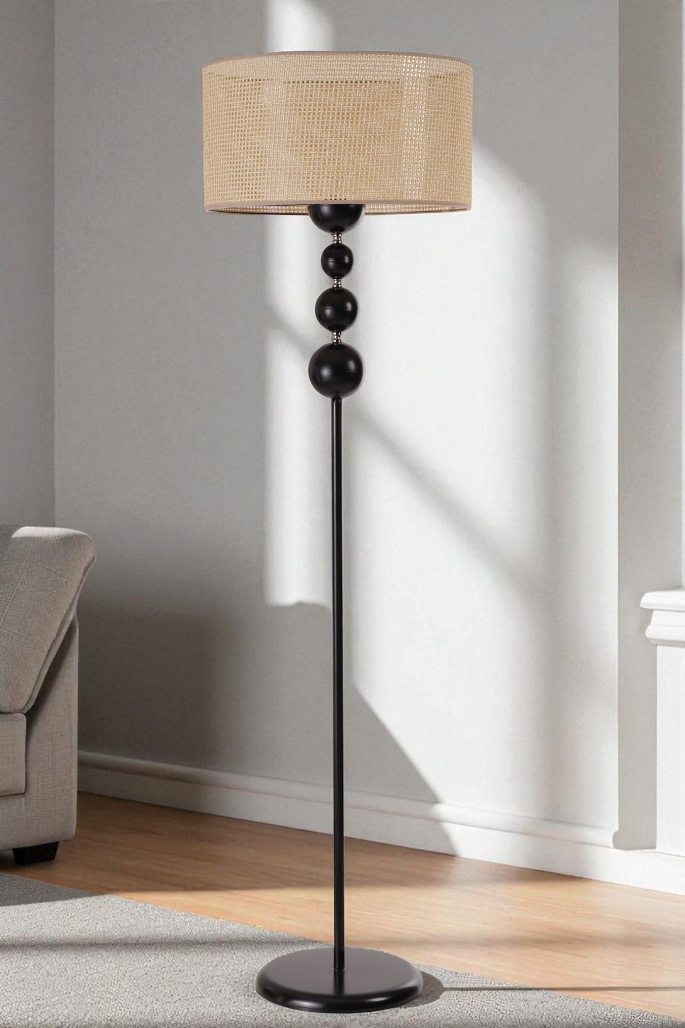 Candeeiro de Pé de metal – 160 cm de altura – bege e preto – cúpula de tecido