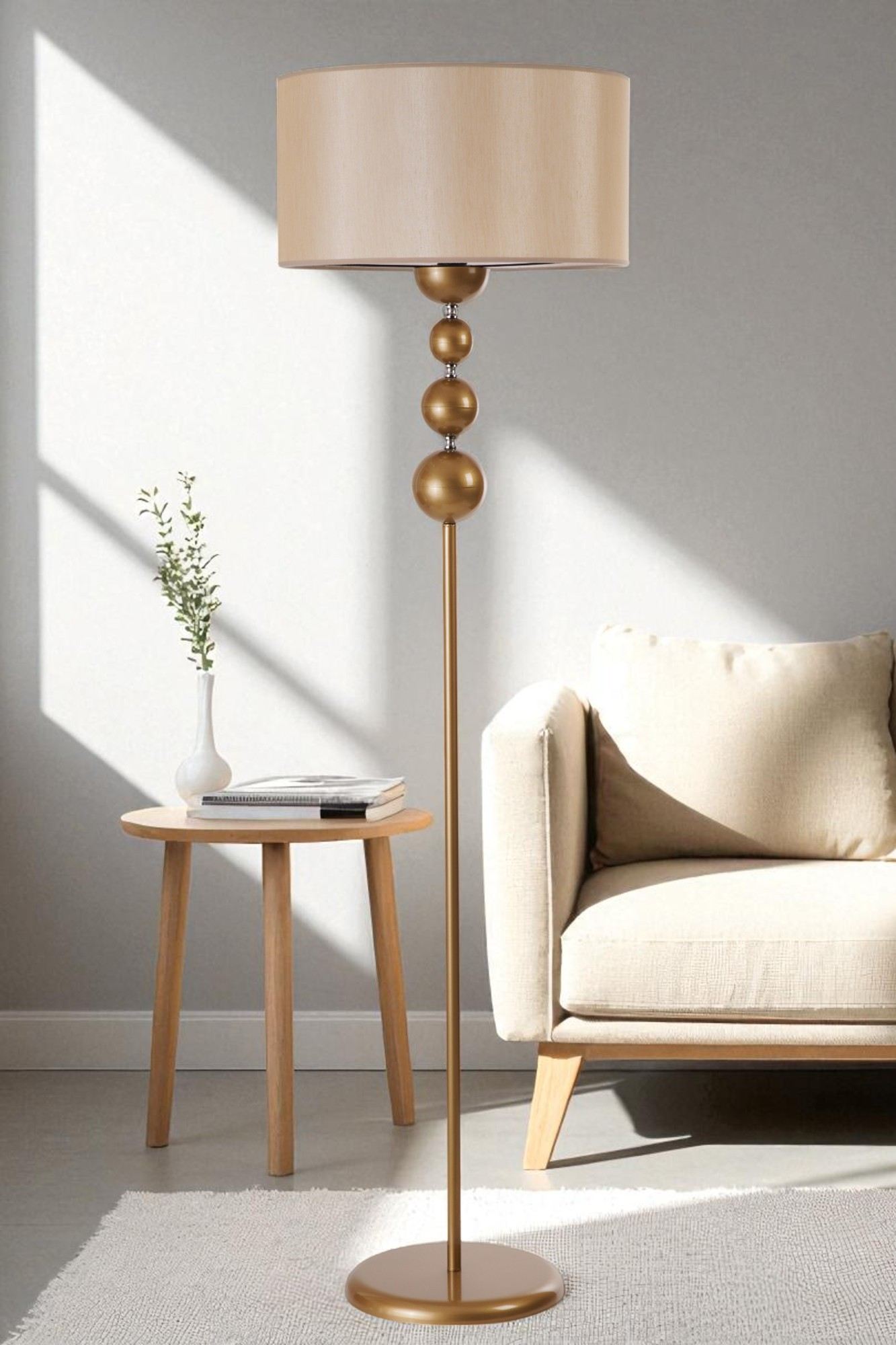 Candeeiro de Pé – 160 cm – Bege e Dourado – Metal e Tecido
