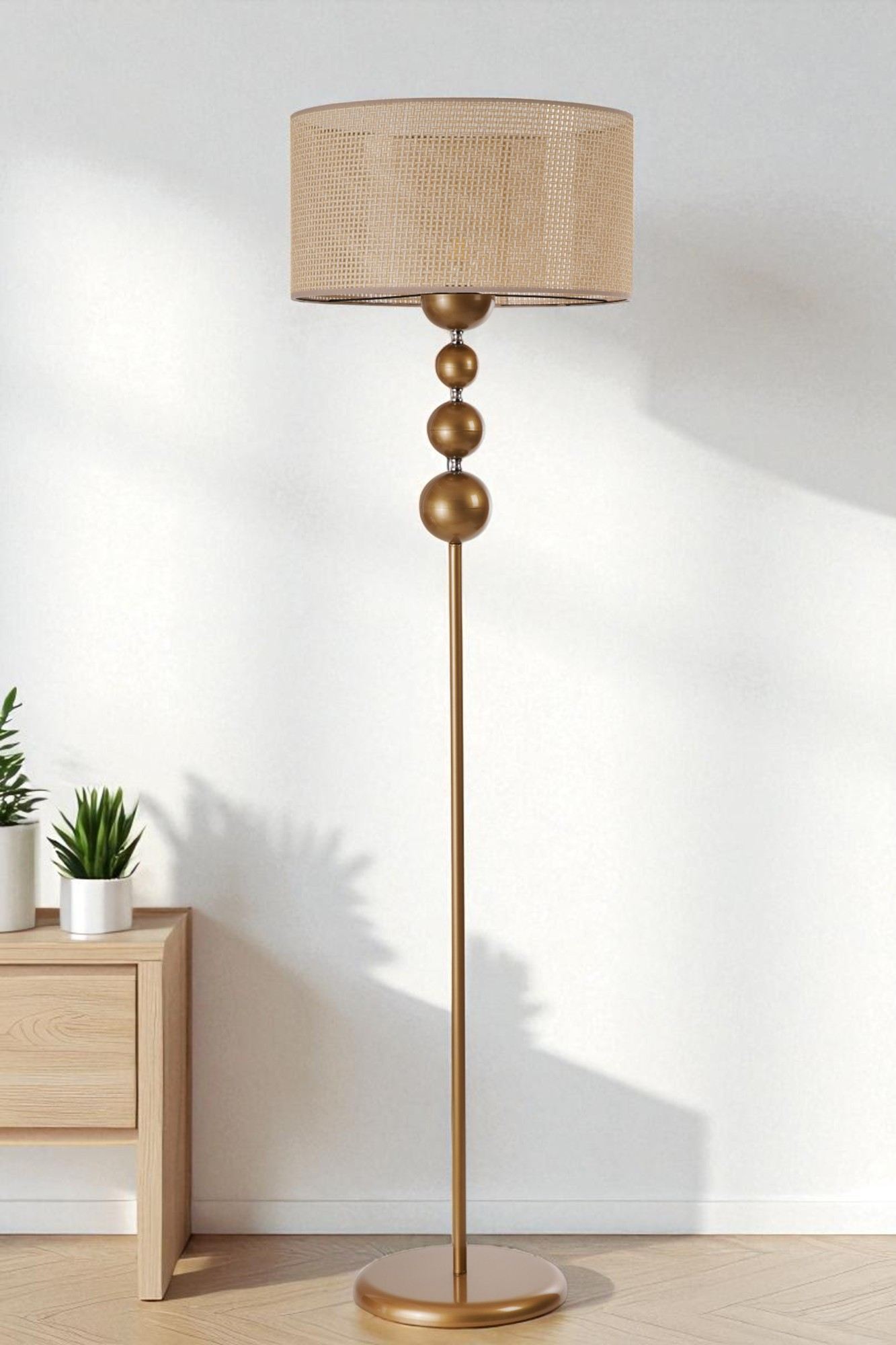 Candeeiro de Pé – 160 cm – Bege e Dourado – Metal com Tecido