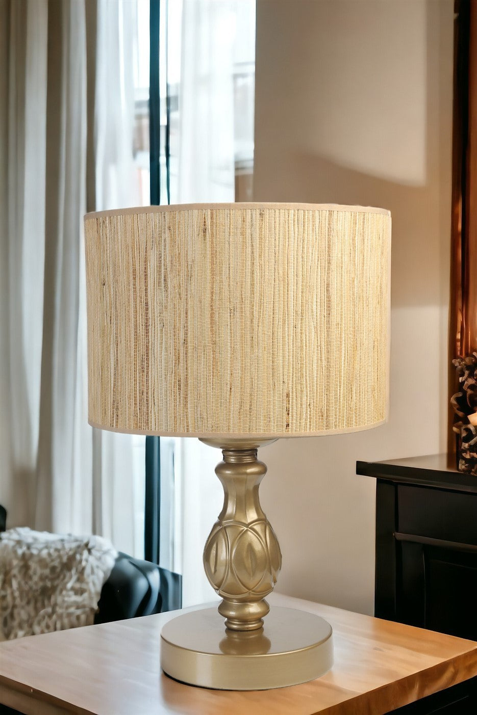 Candeeiro de Mesa – 45 cm – Carvalho e Ouro – Metal