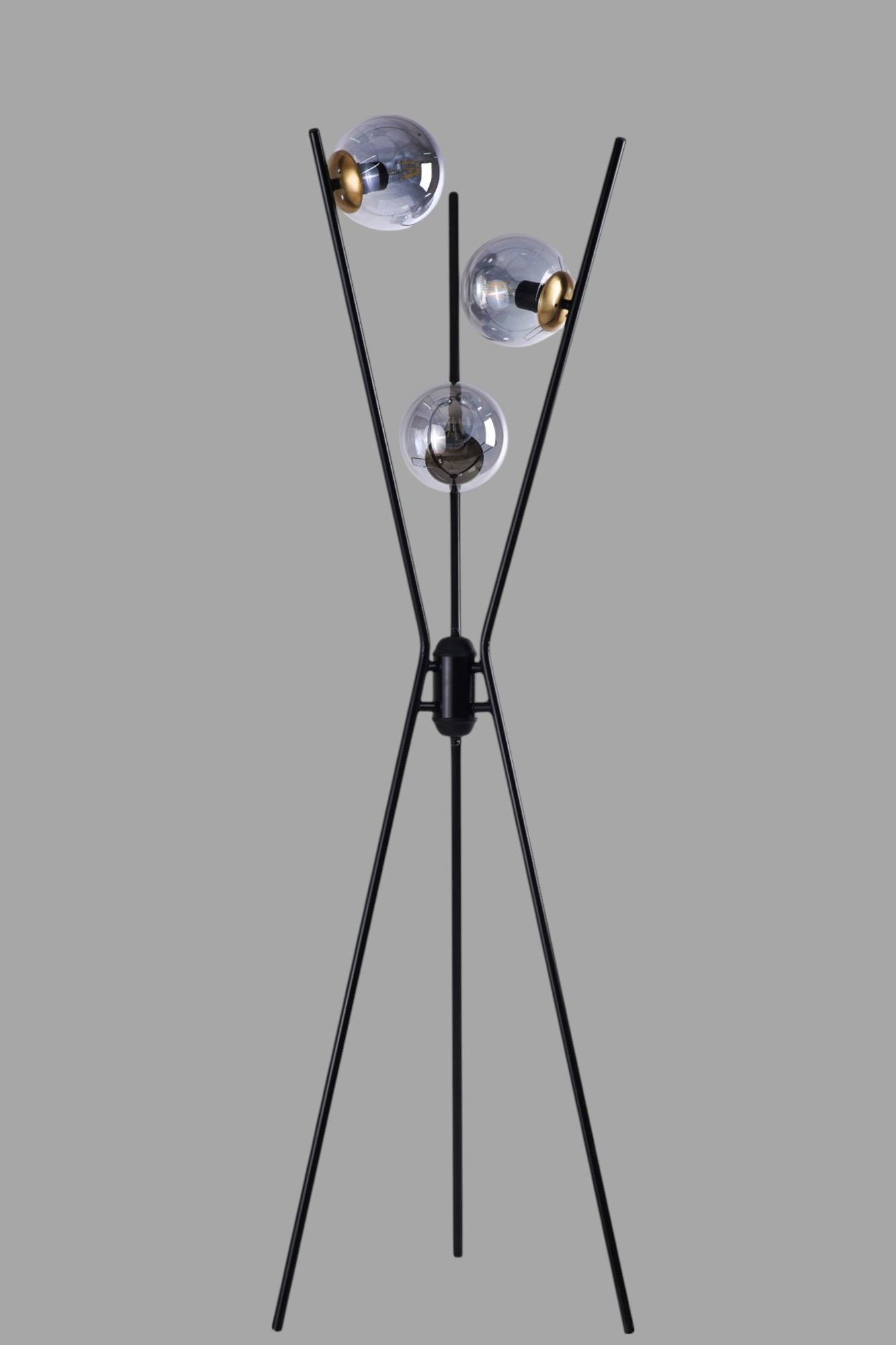 Candeeiro de Pé – 155 cm – Preto, Dourado, Cinza – Metal e Vidro