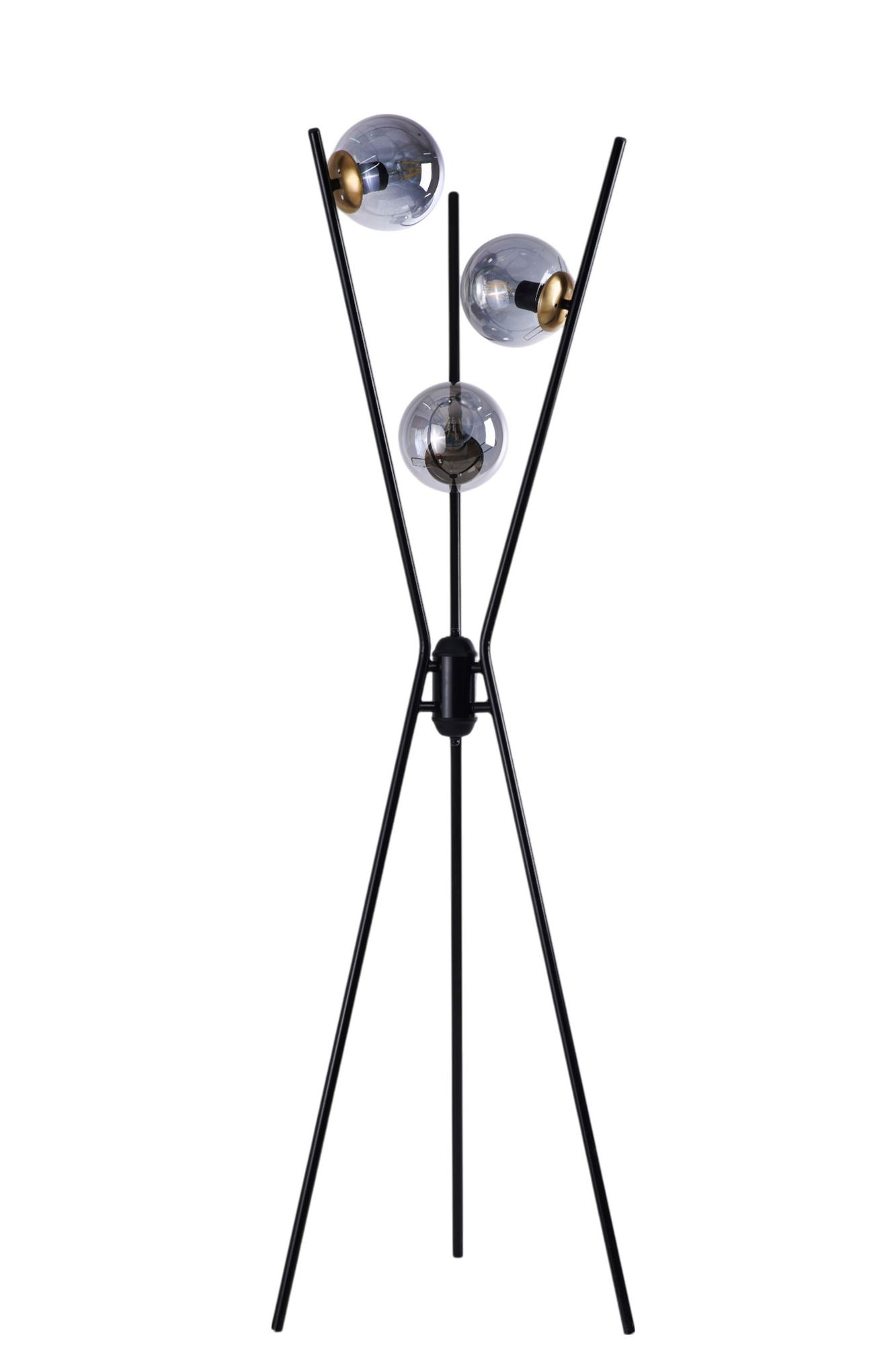 Candeeiro de Pé – 155 cm – Preto, Dourado, Cinza – Metal e Vidro