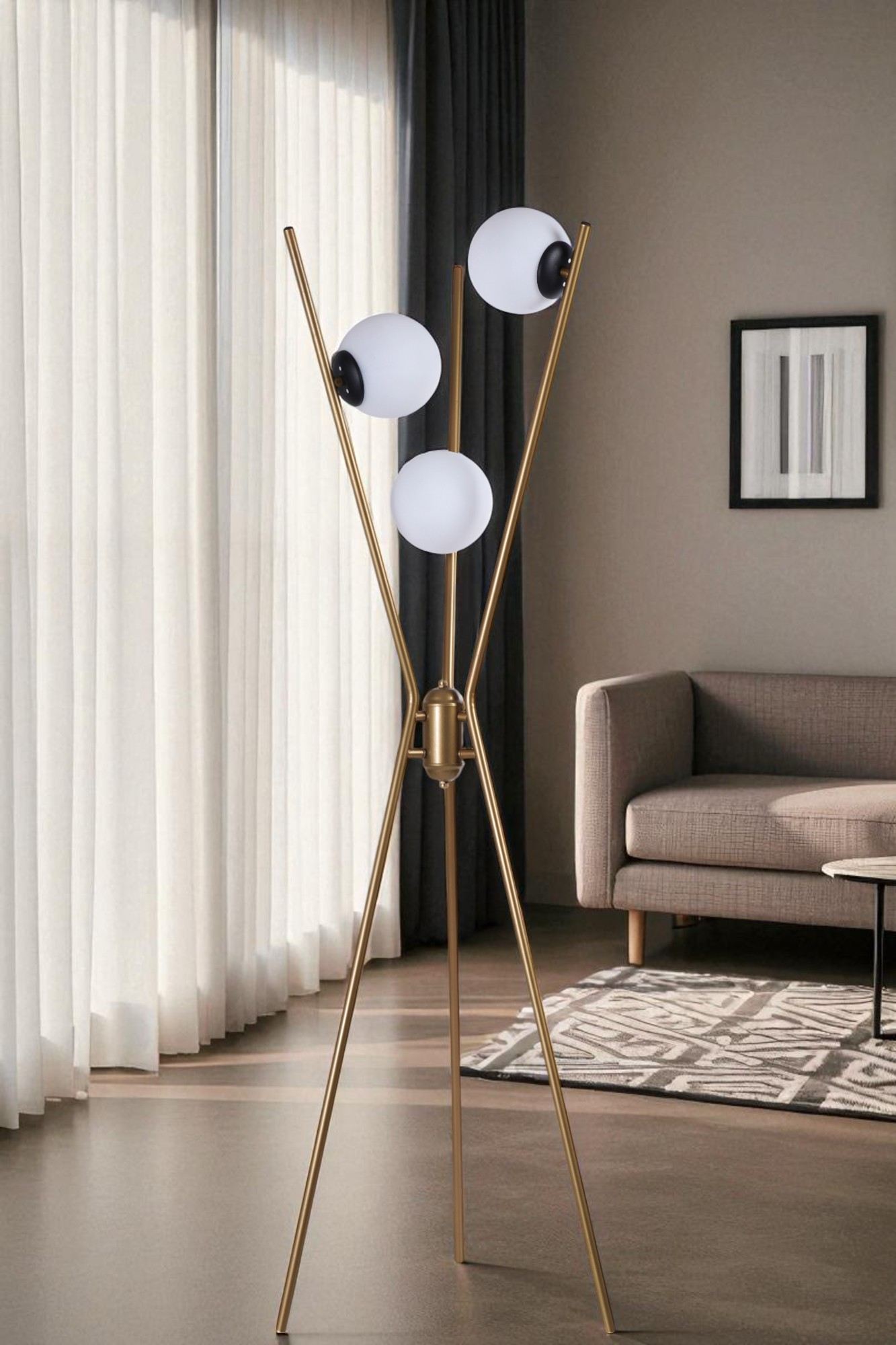Candeeiro de Pé – 155 cm – Dourado, Preto, Branco – Metal