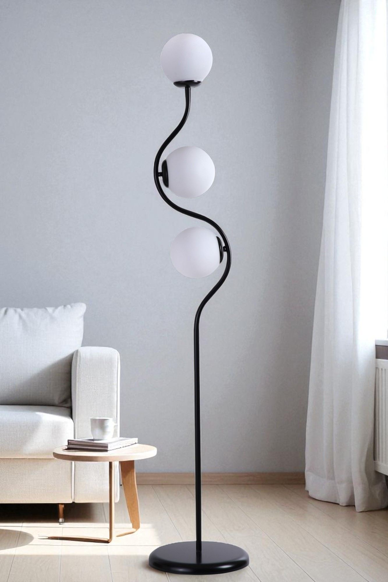 Candeeiro de Pé – 155 cm de altura – Branco e Preto – Metal e vidro