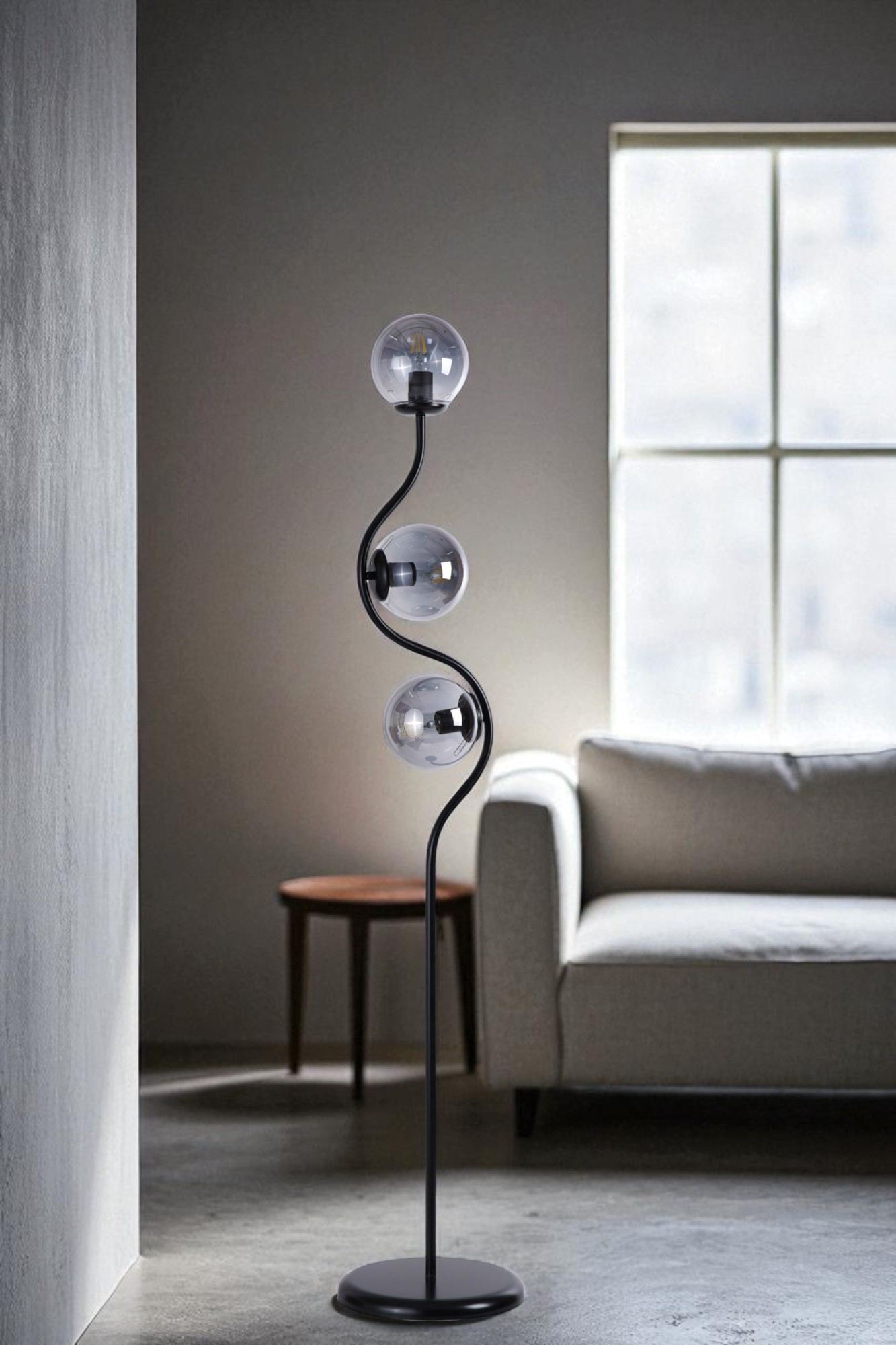 Candeeiro de Pé – 155 cm de altura – Cinza e Preto – Metal e vidro