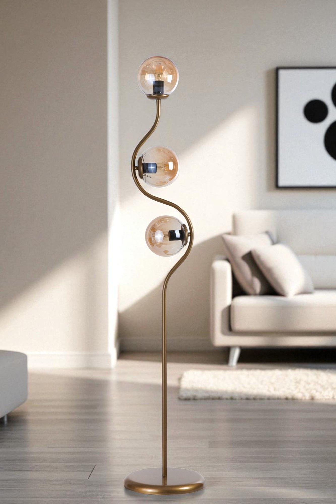 Candeeiro de Pé – 155 cm de altura – mel e dourado – metal e vidro
