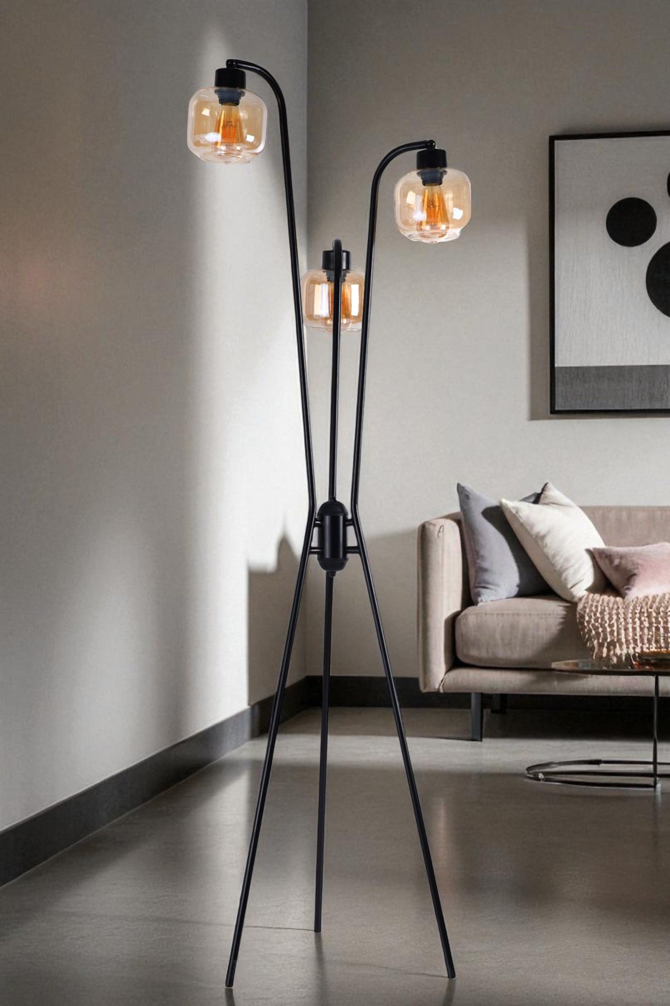 Candeeiro de Pé – 180 cm – Mel e Preto – Metal e Vidro