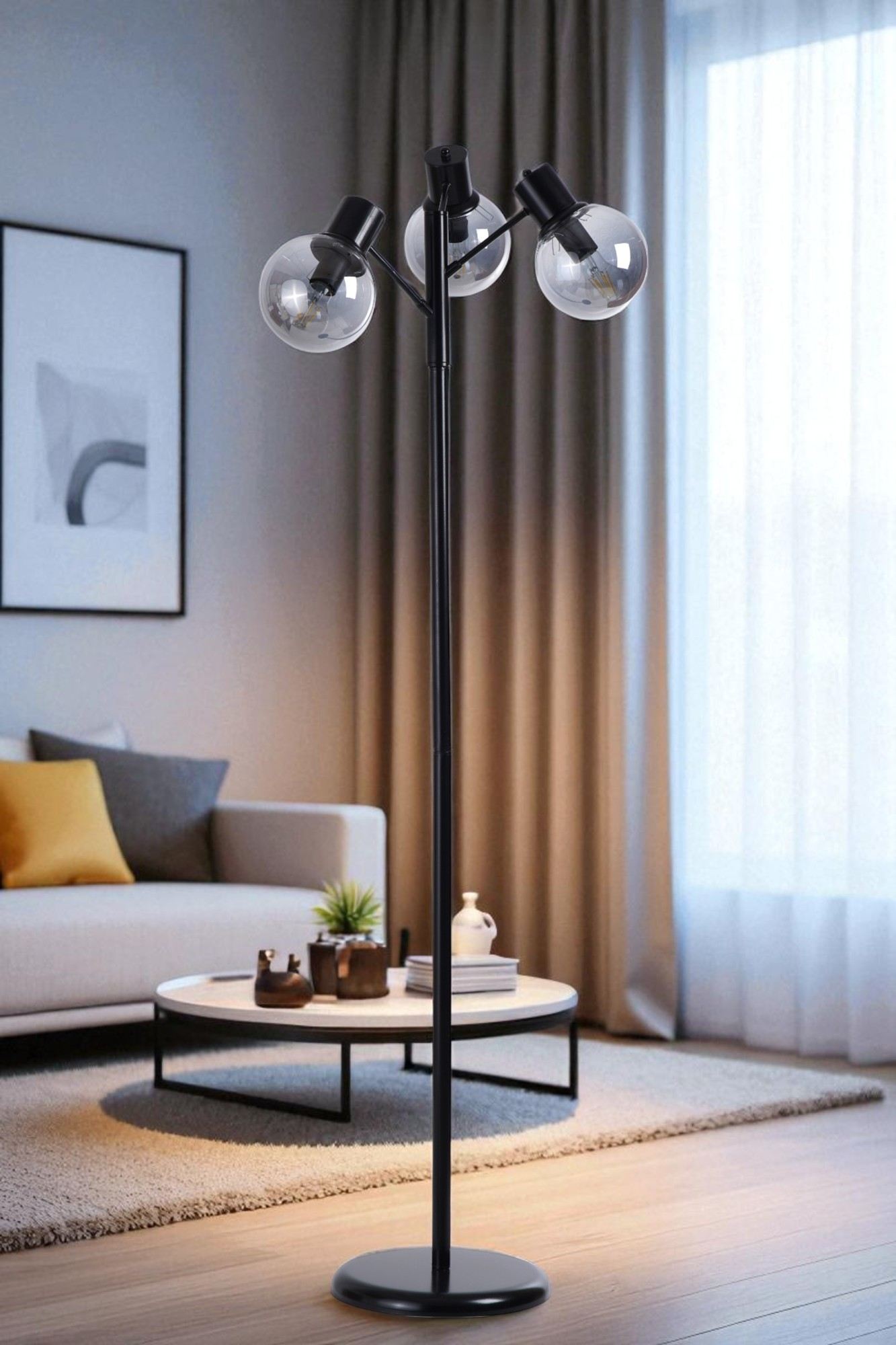 Candeeiro de Pé – 158 cm de altura – cinza e preto – metal e vidro
