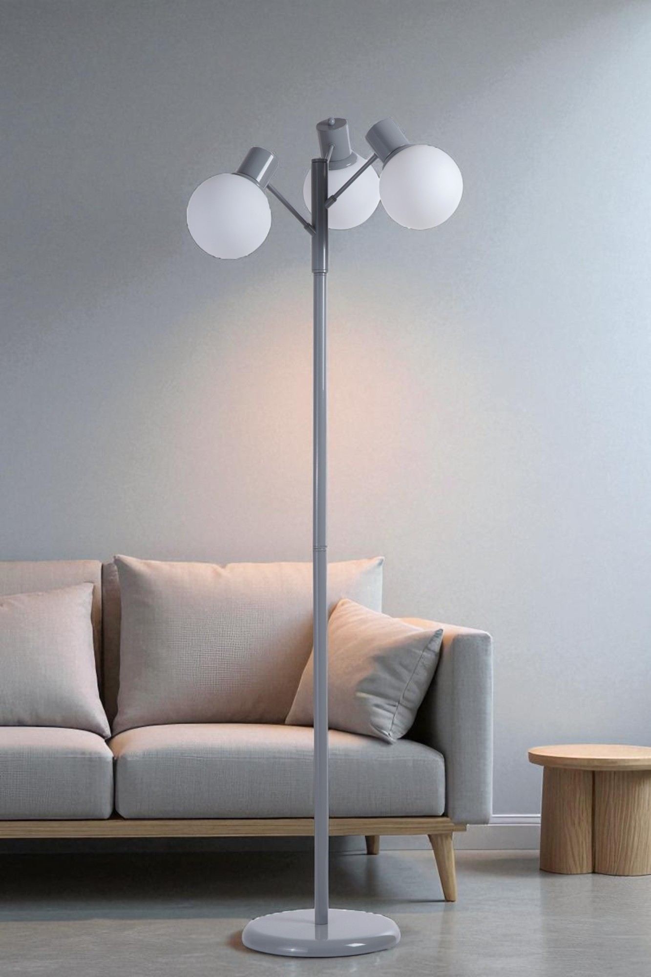 Candeeiro de Pé – 158 cm de altura – Branco e Cinza – Metal e Vidro