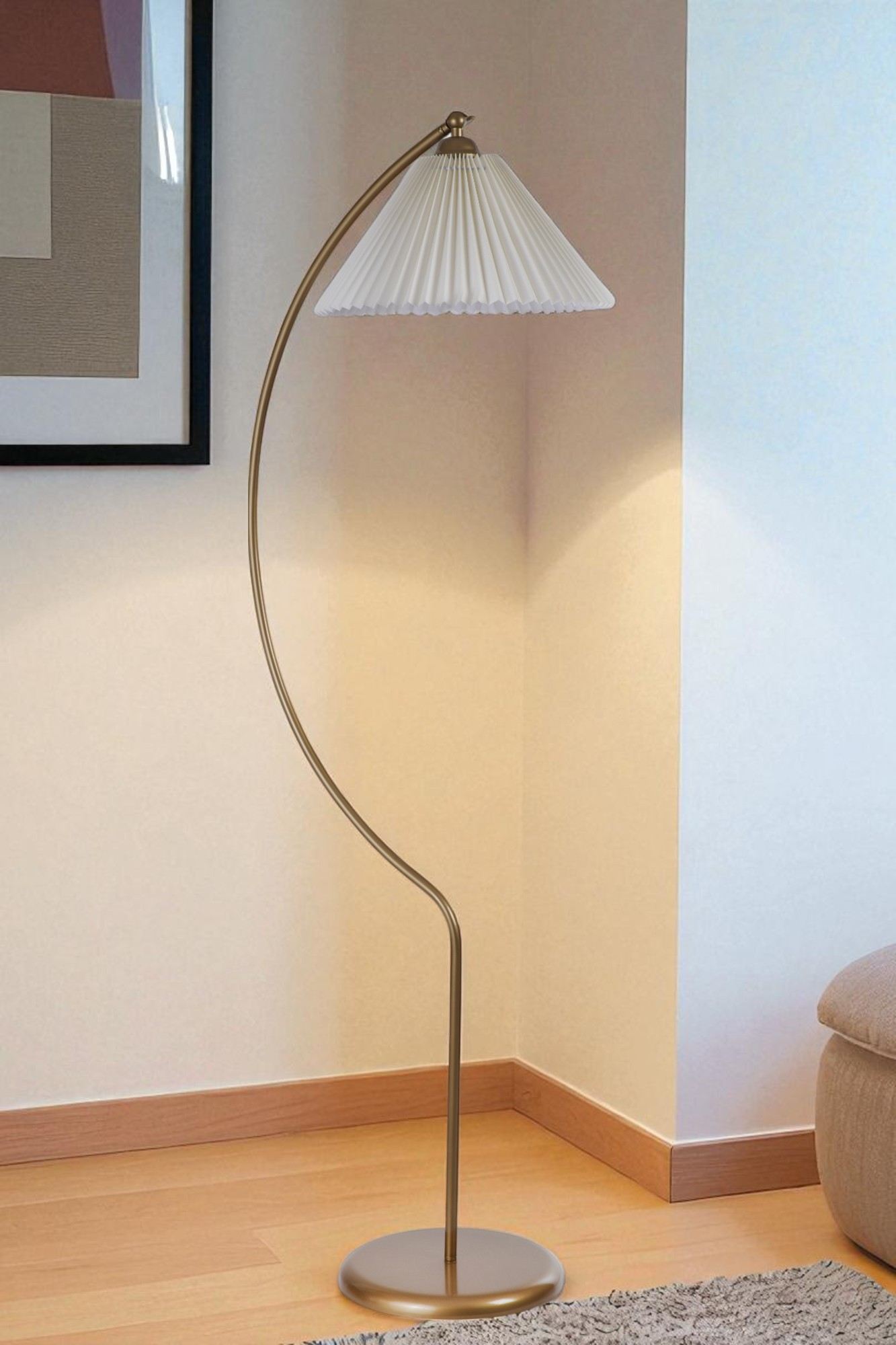 Candeeiro de Pé – 150 cm de Altura – Creme e Dourado – Metal e PVC