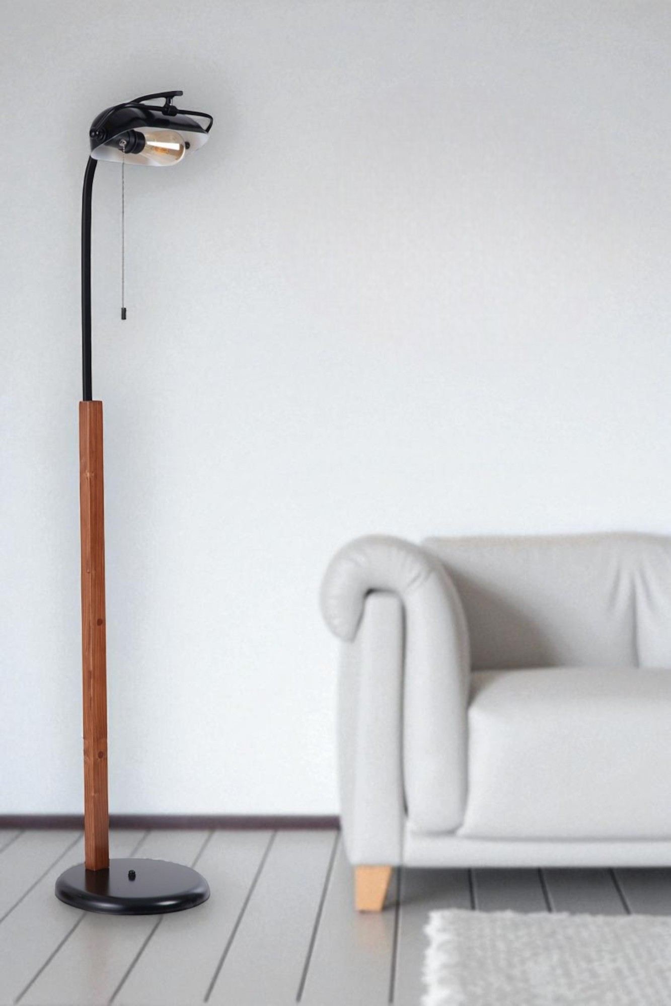 Candeeiro de Pé – 150 cm – Preto e Nogueira – Metal e Madeira