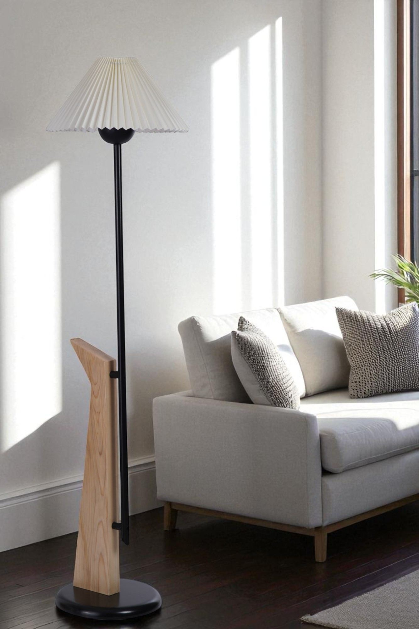 Candeeiro de Pé – 146 cm altura – Creme/Preto/Carvalho – Metal e Madeira