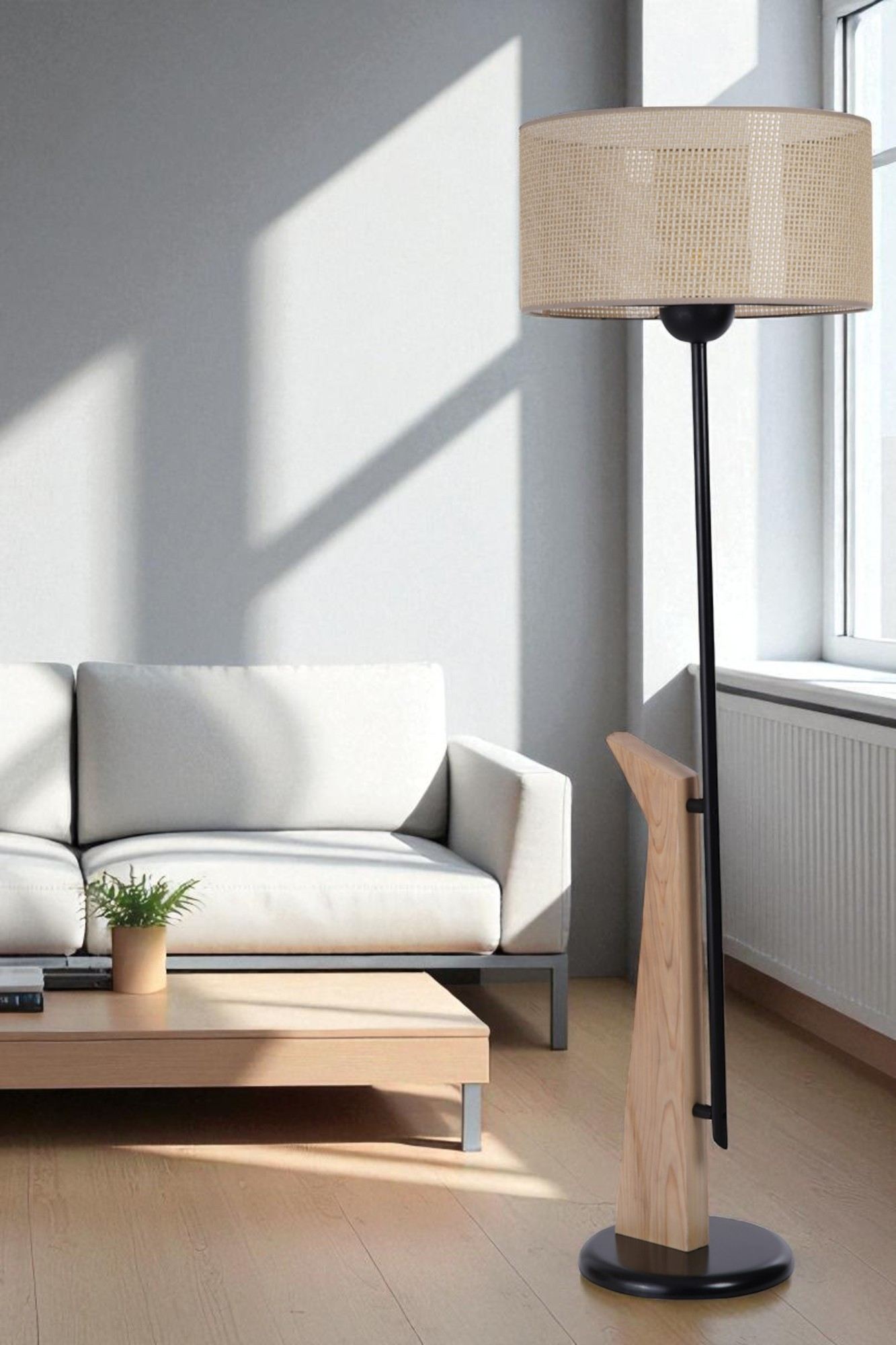 Candeeiro de Pé – 155 cm de altura – bege e preto – metal e madeira
