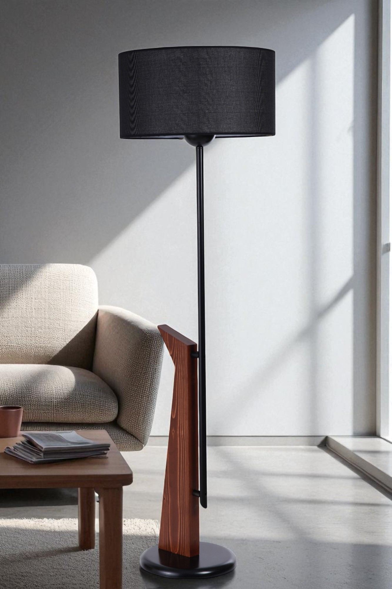 Candeeiro de Pé – 155 cm – Preto e Nogueira – Metal e Tecido