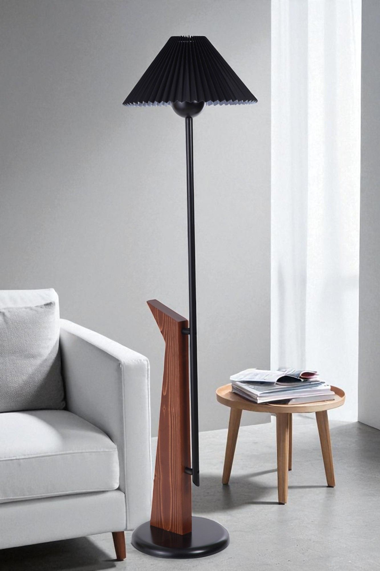 Candeeiro de Pé – 146 cm altura – Preto e Nogueira – Metal e Madeira