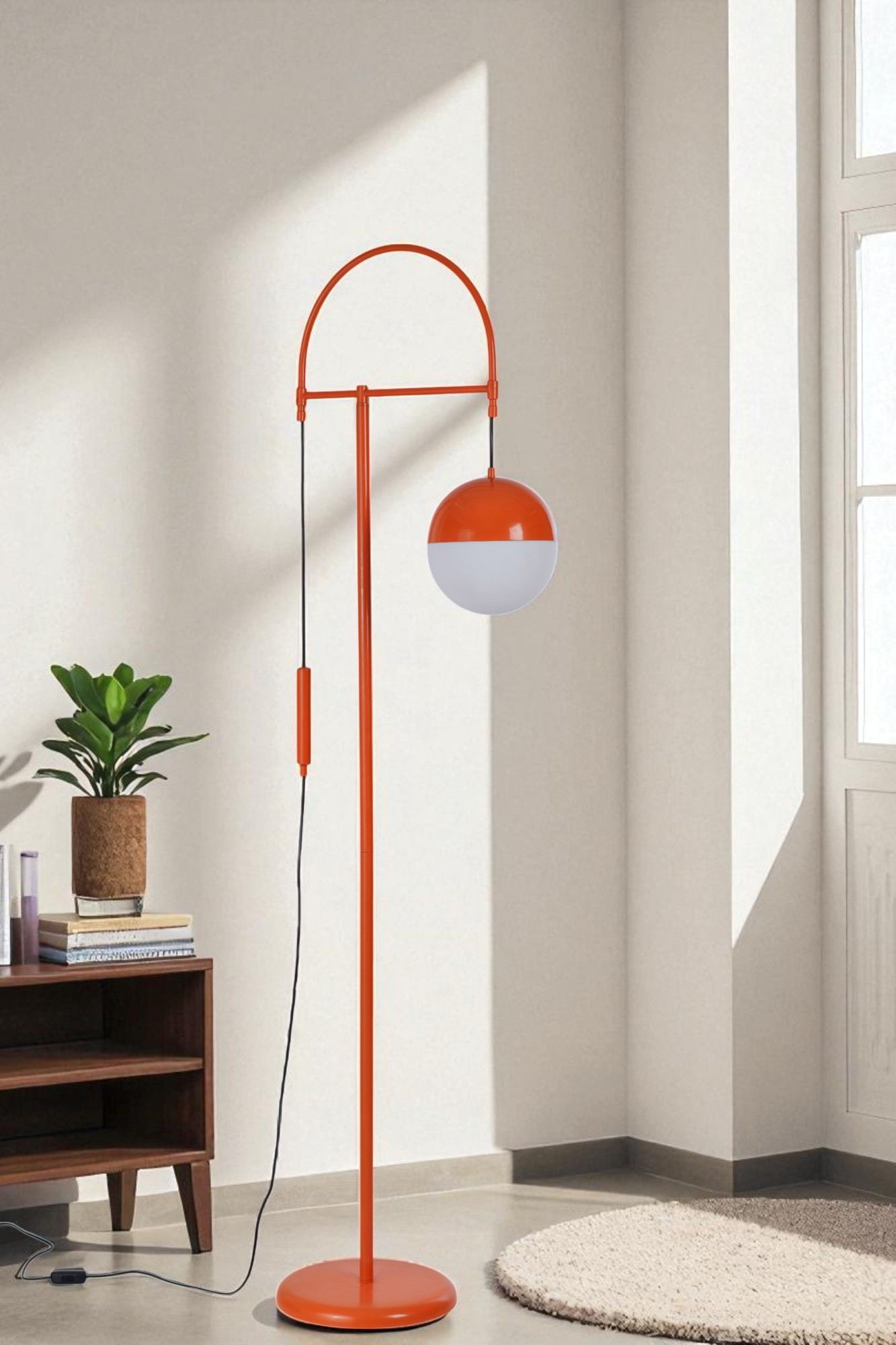Candeeiro de Pé – 170 cm de altura – Branco e Laranja – Metal e Vidro