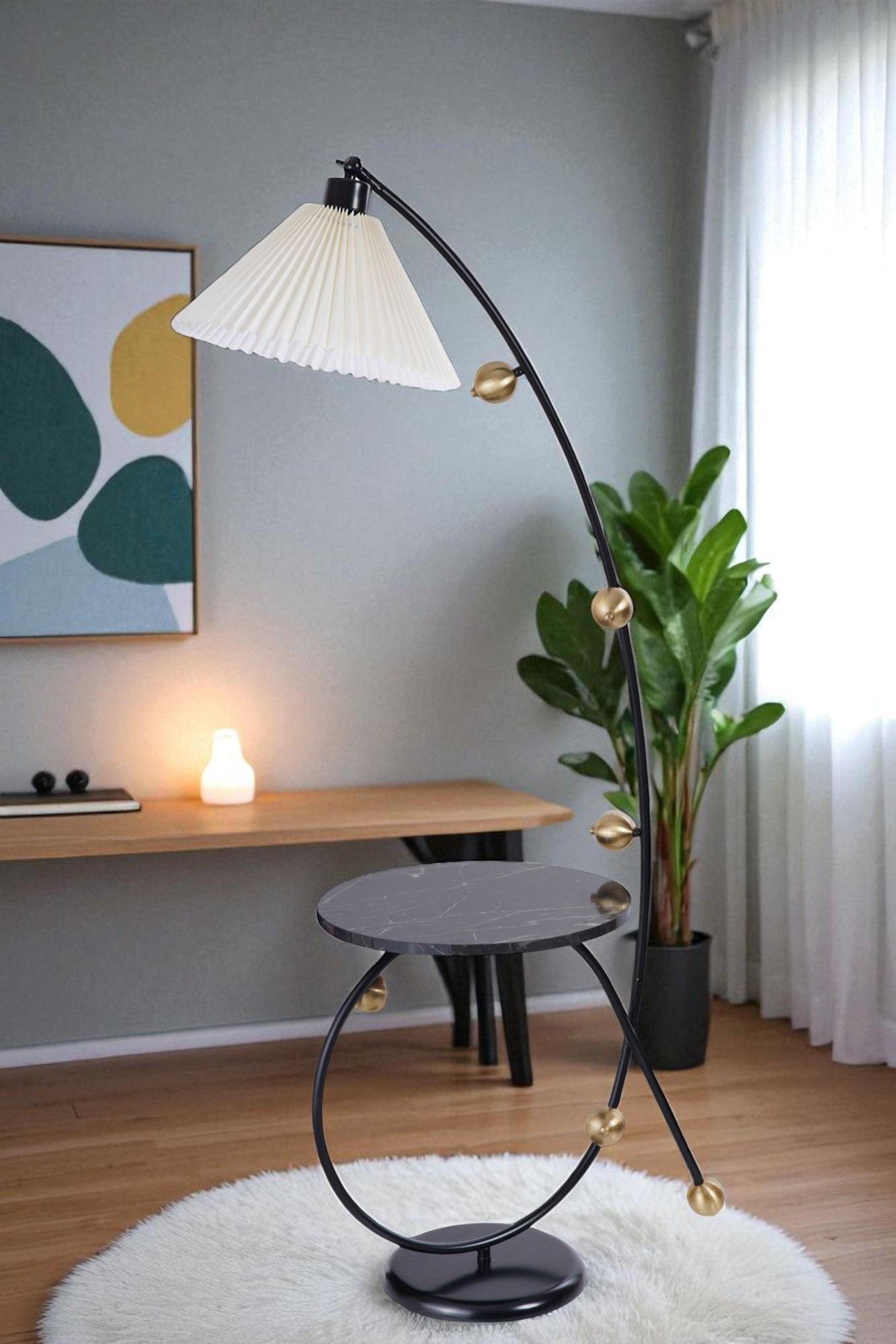 Candeeiro de Pé – 155 cm – Creme, Preto e Dourado – Metal