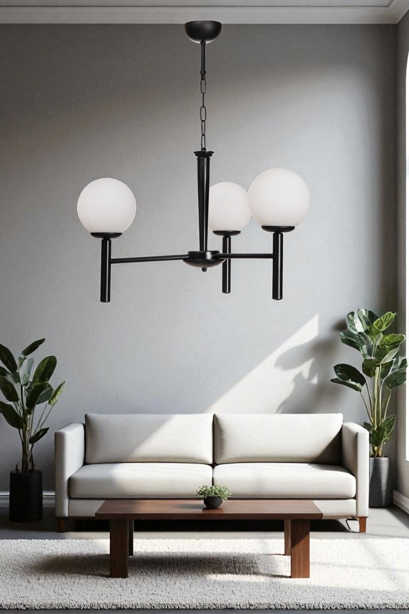 Candeeiro de Teto – 70 cm – Branco e Preto – Metal e Vidro