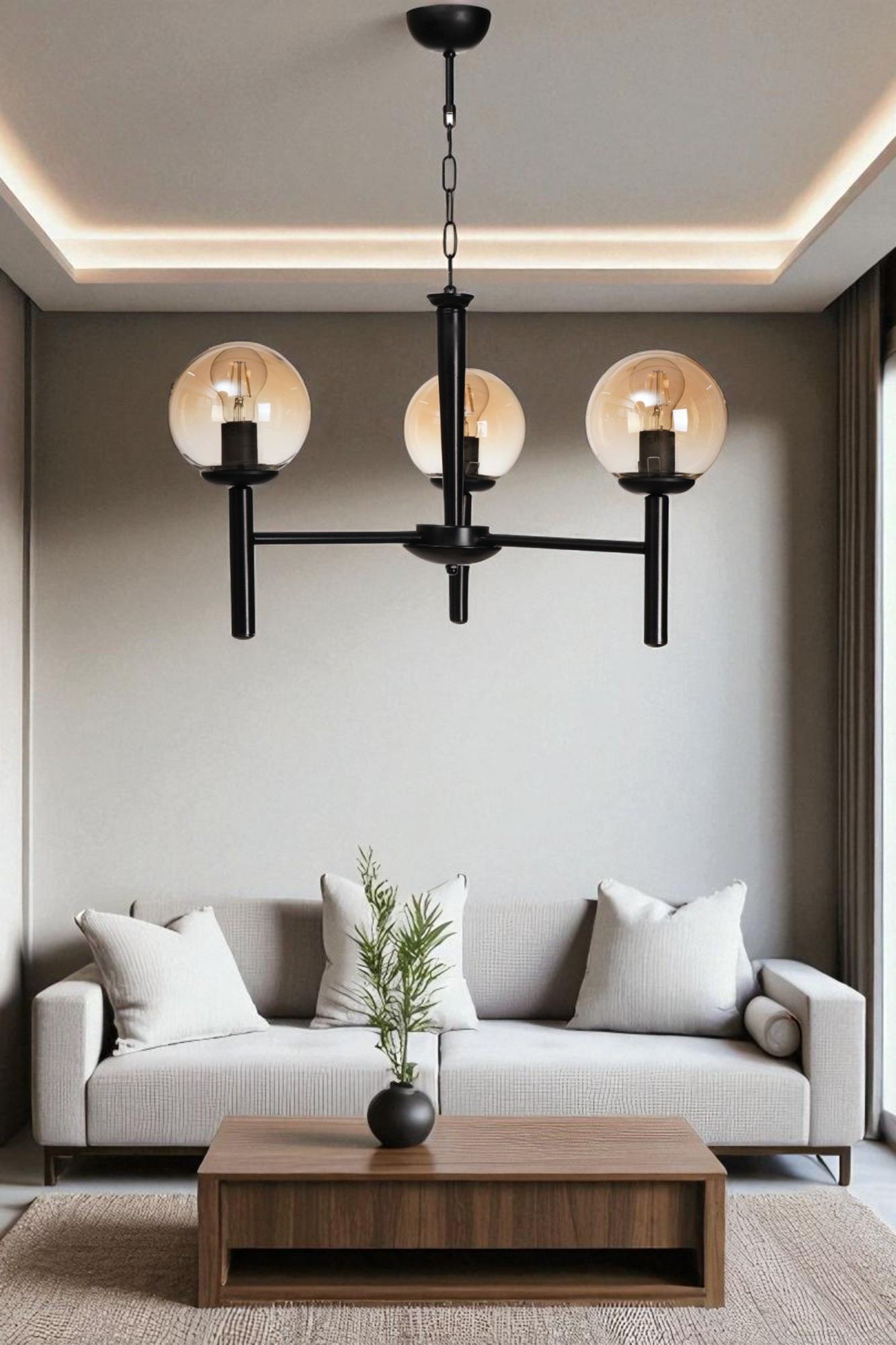 Candeeiro de Teto – 70 cm – Mel e Preto – Metal e Vidro