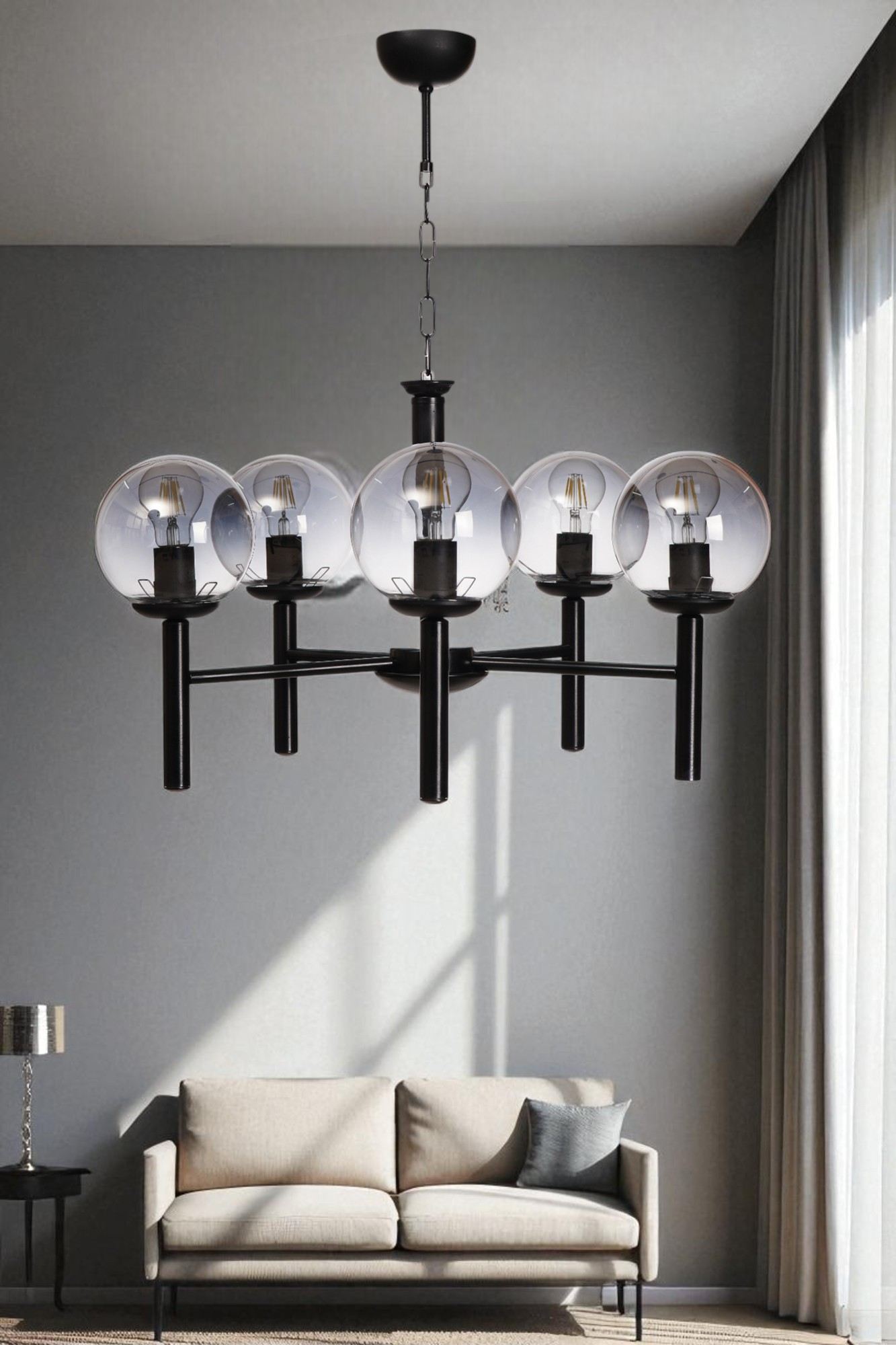 Candeeiro de Teto – 75 cm – Cinza, Preto – Metal e Vidro