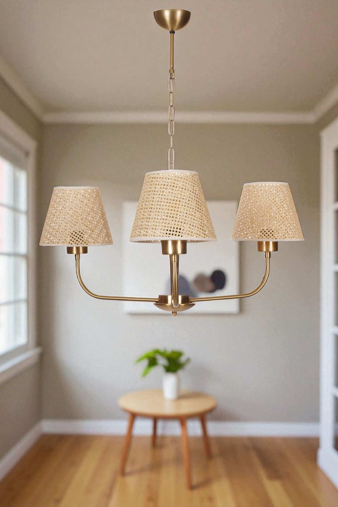 Candeeiro de Teto – 80 cm – Bege e Dourado – Metálico e PVC