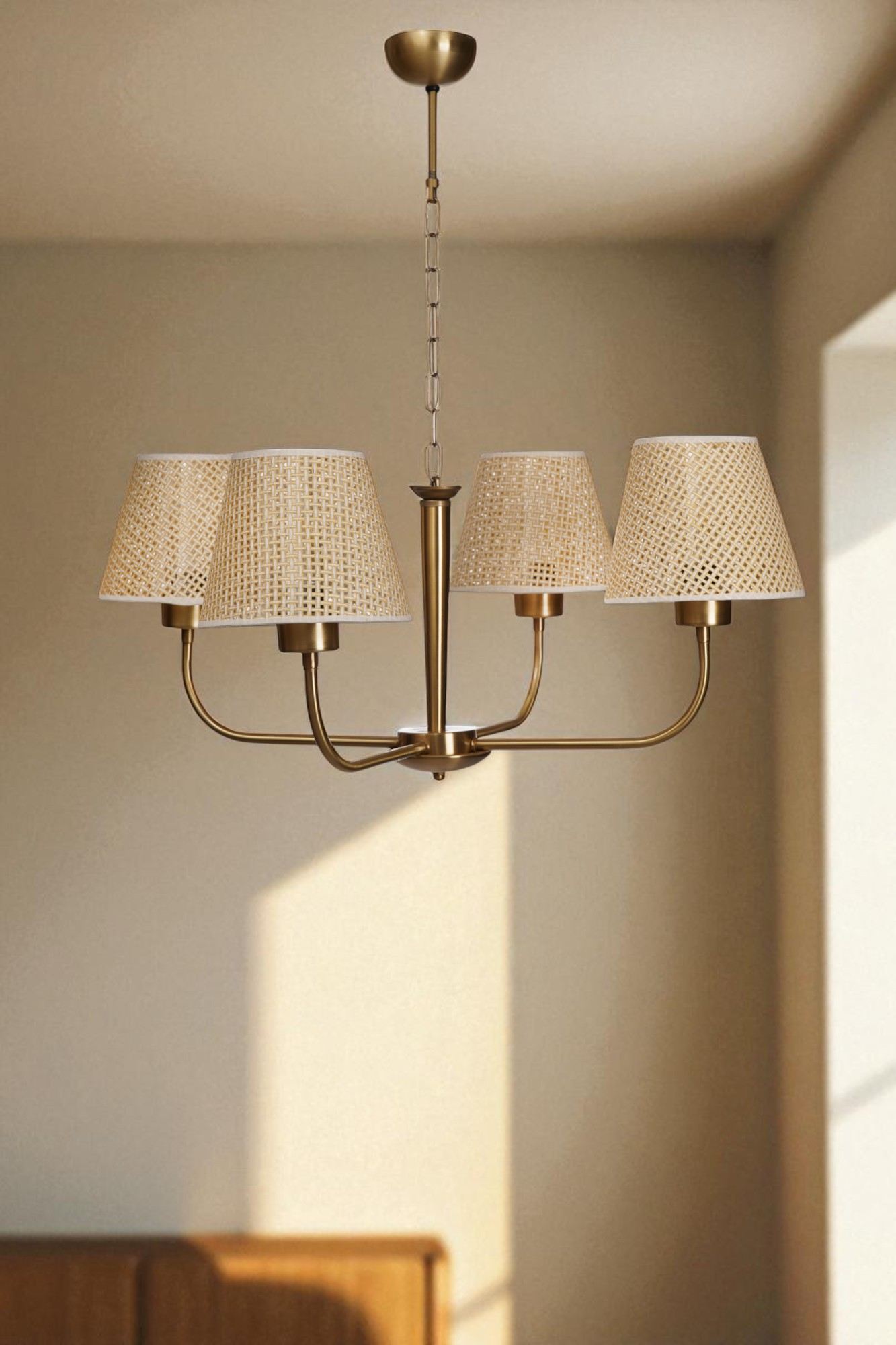 Candeeiro de Teto – 80 cm – Bege e Dourado – Metálico e PVC