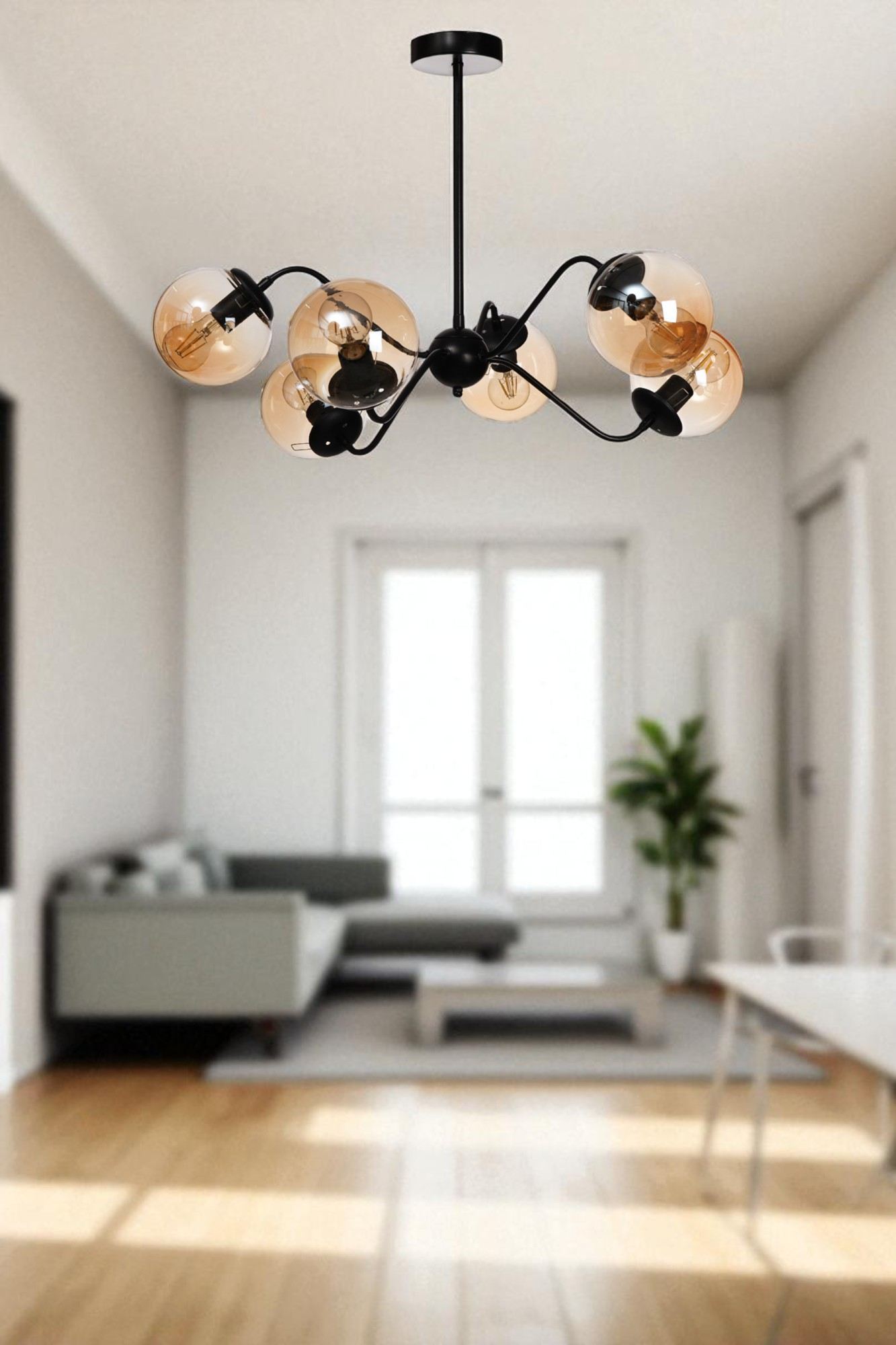 Candeeiro de Teto – 40-60 cm – Mel e Preto – Metal e Vidro