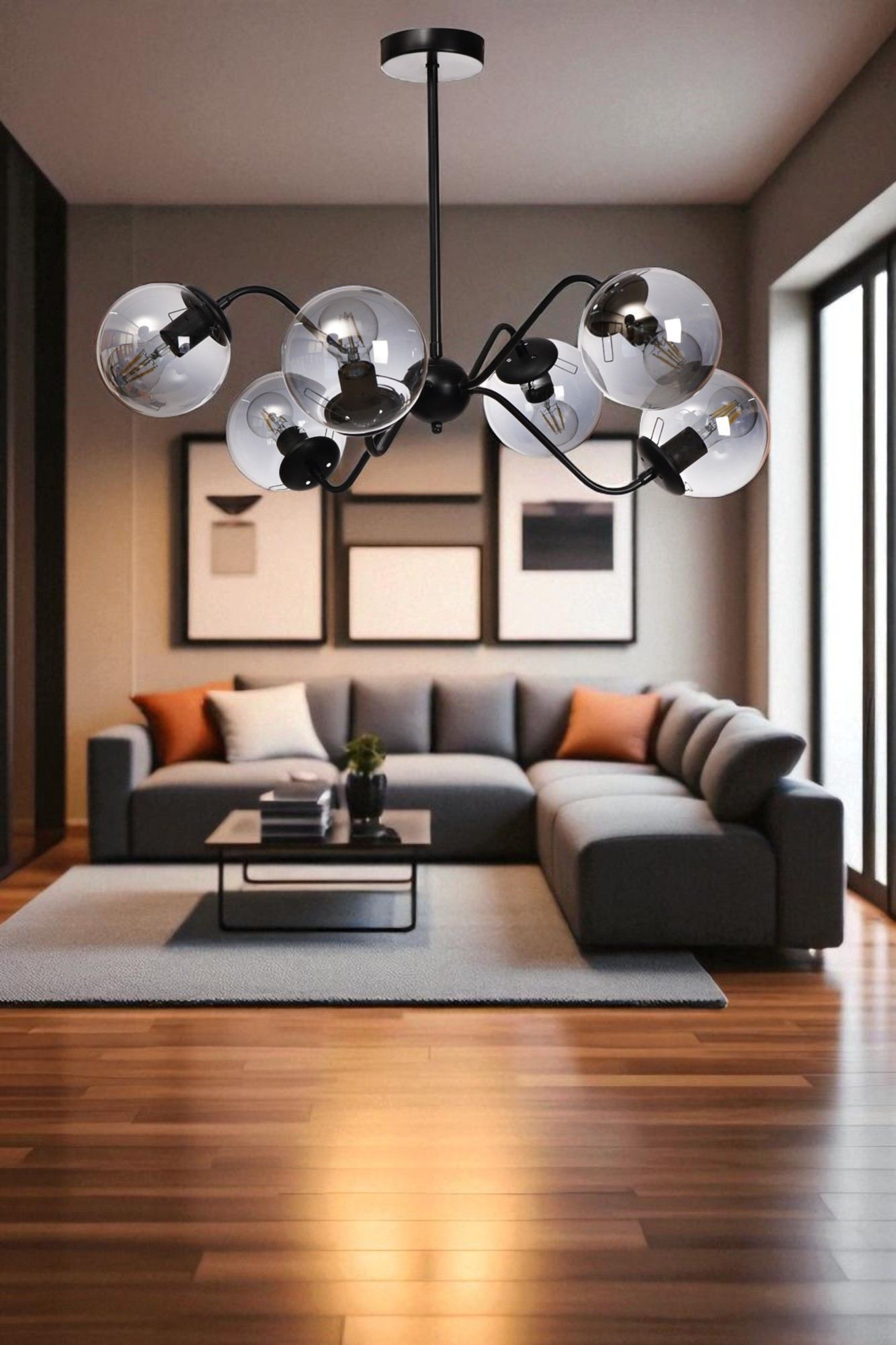 Candeeiro de Teto – 40-60 cm – Cinza e Preto – Metal e Vidro