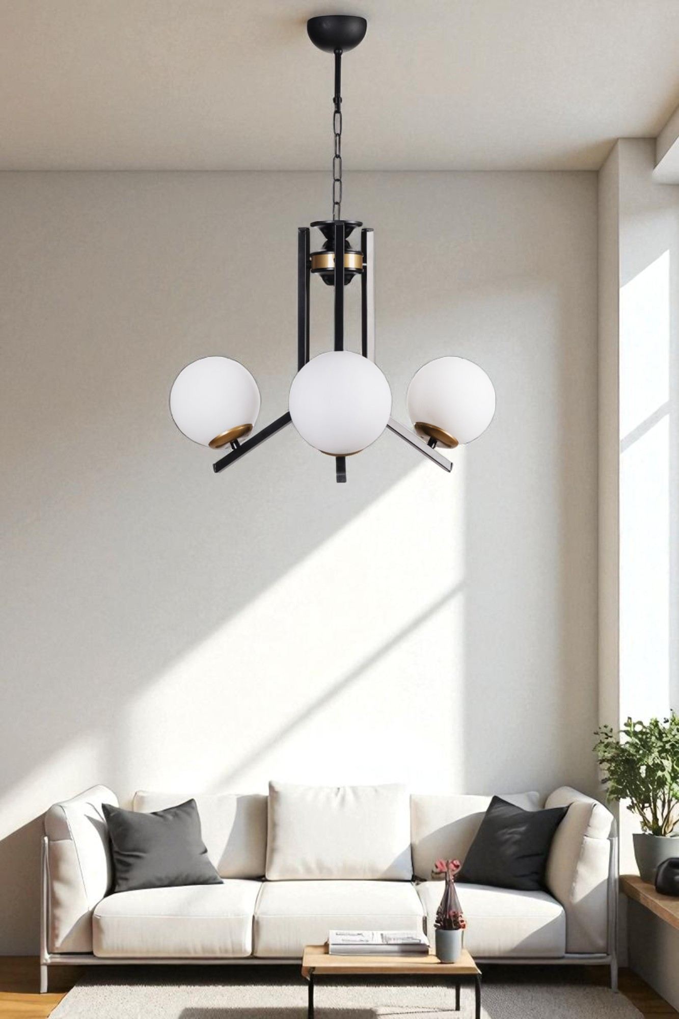 Candeeiro de Teto – 75 cm – Branco e Preto – Metal e Vidro