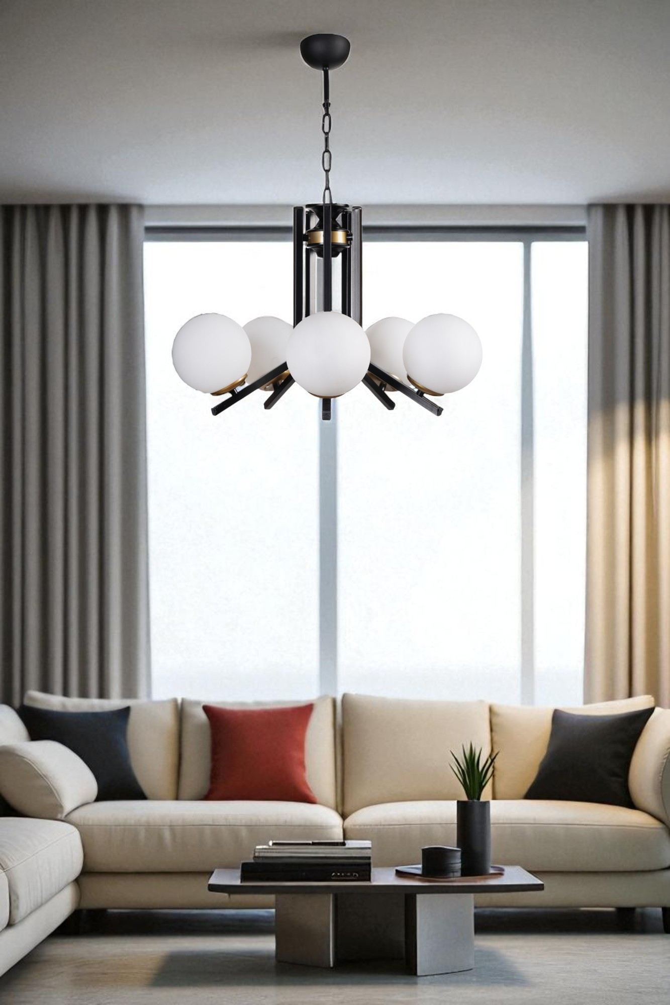 Candeeiro de Teto – 75 cm – Branco e Preto – Metal e Vidro