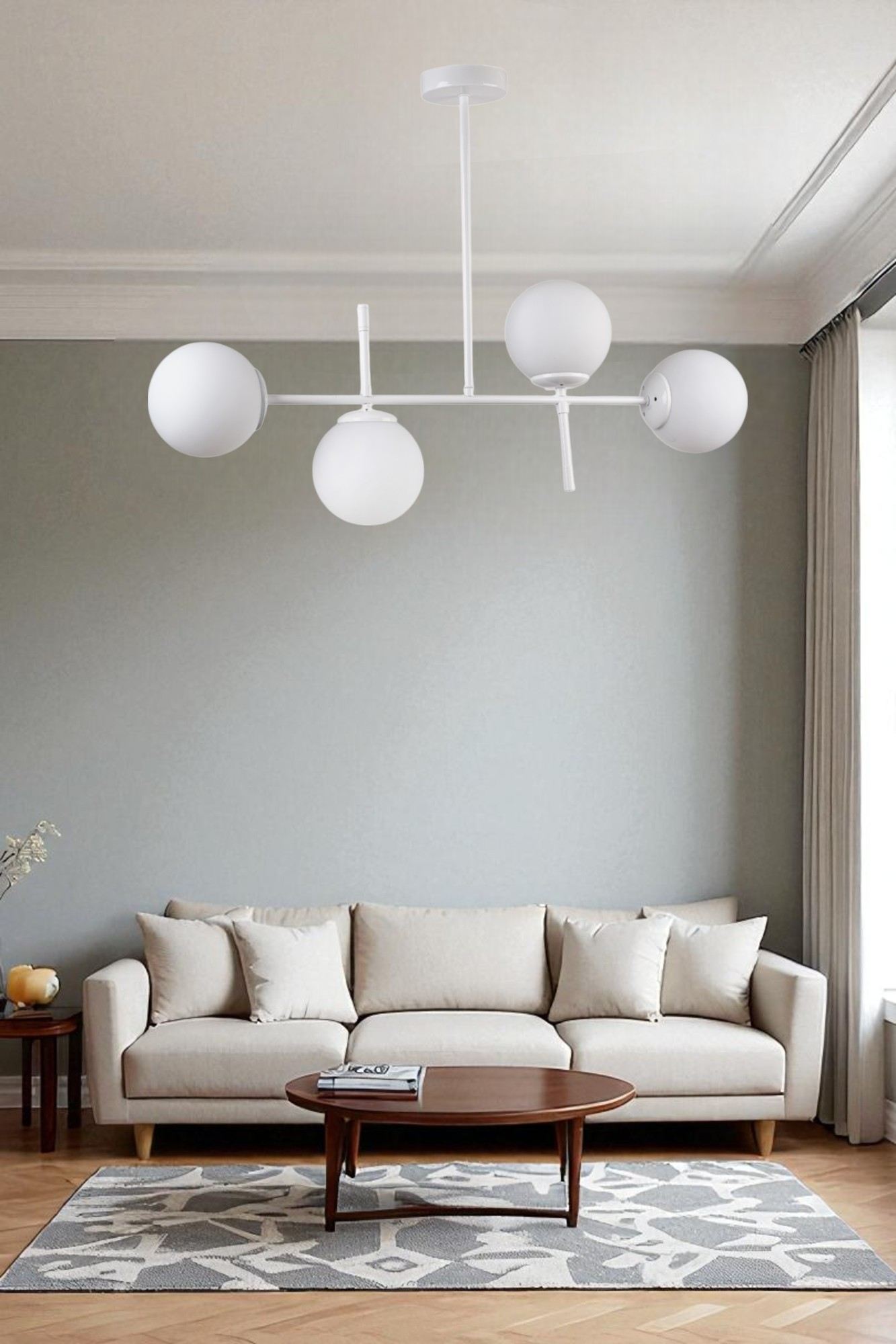 Candeeiro de Teto – 65 cm – Branco – Metal e Vidro