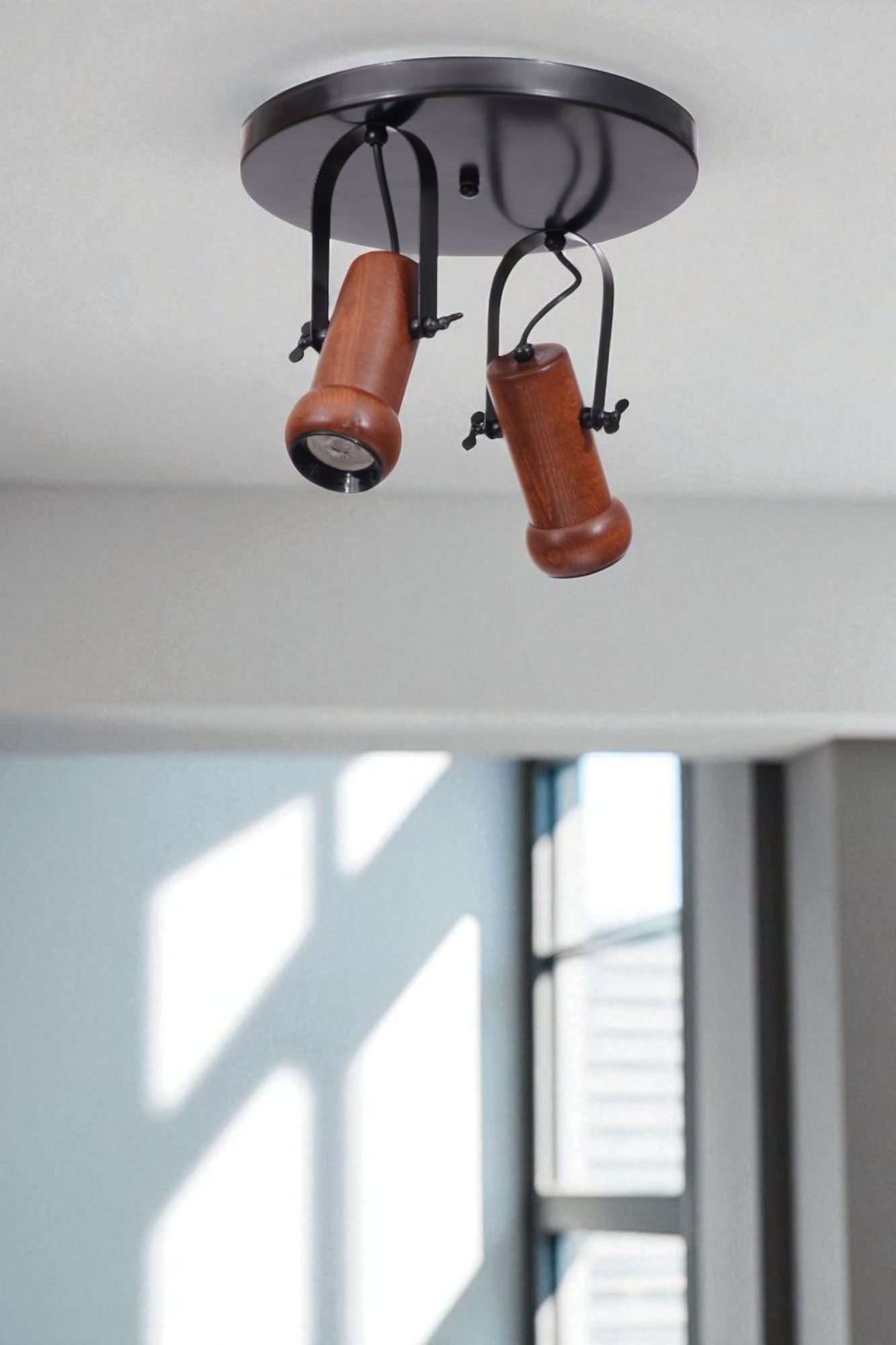 Candeeiro de Teto – 26 cm – Preto e Nogueira – Metal e Madeira