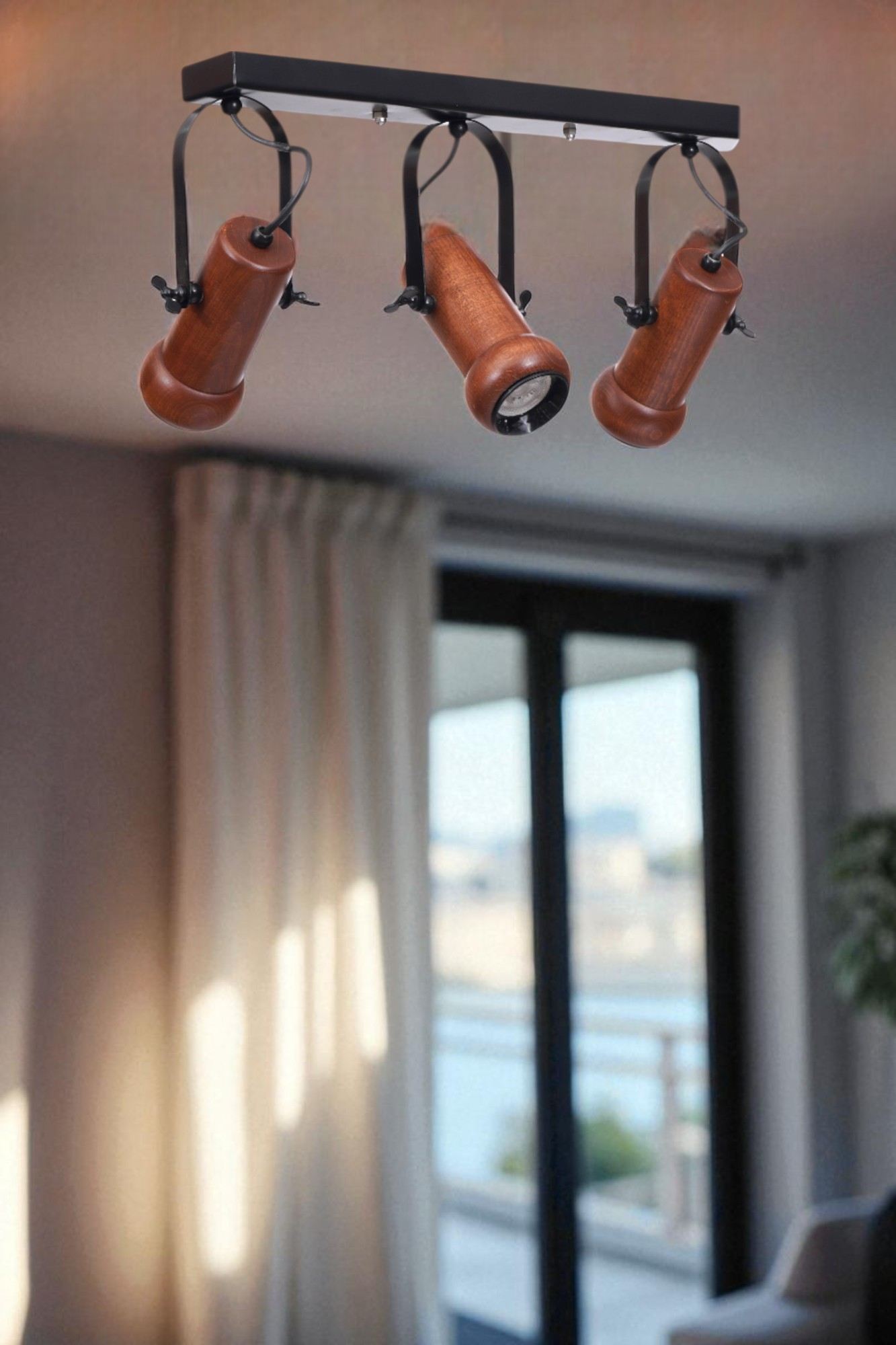 Candeeiro de Teto – 26 cm – Preto e Nogueira – Metal e Madeira