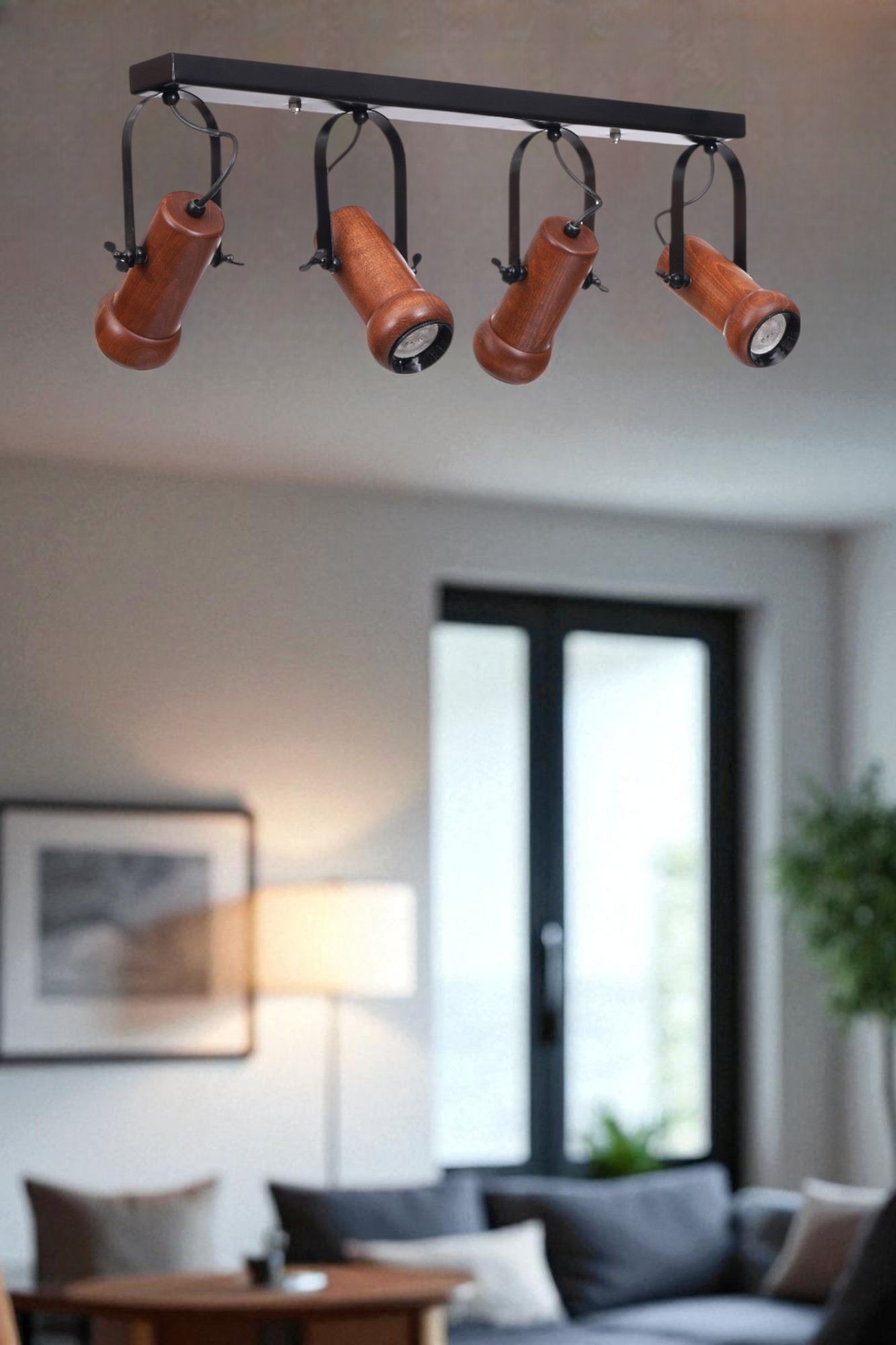 Candeeiro de Teto - 26 cm - Preto e Nogueira - Metal e Madeira