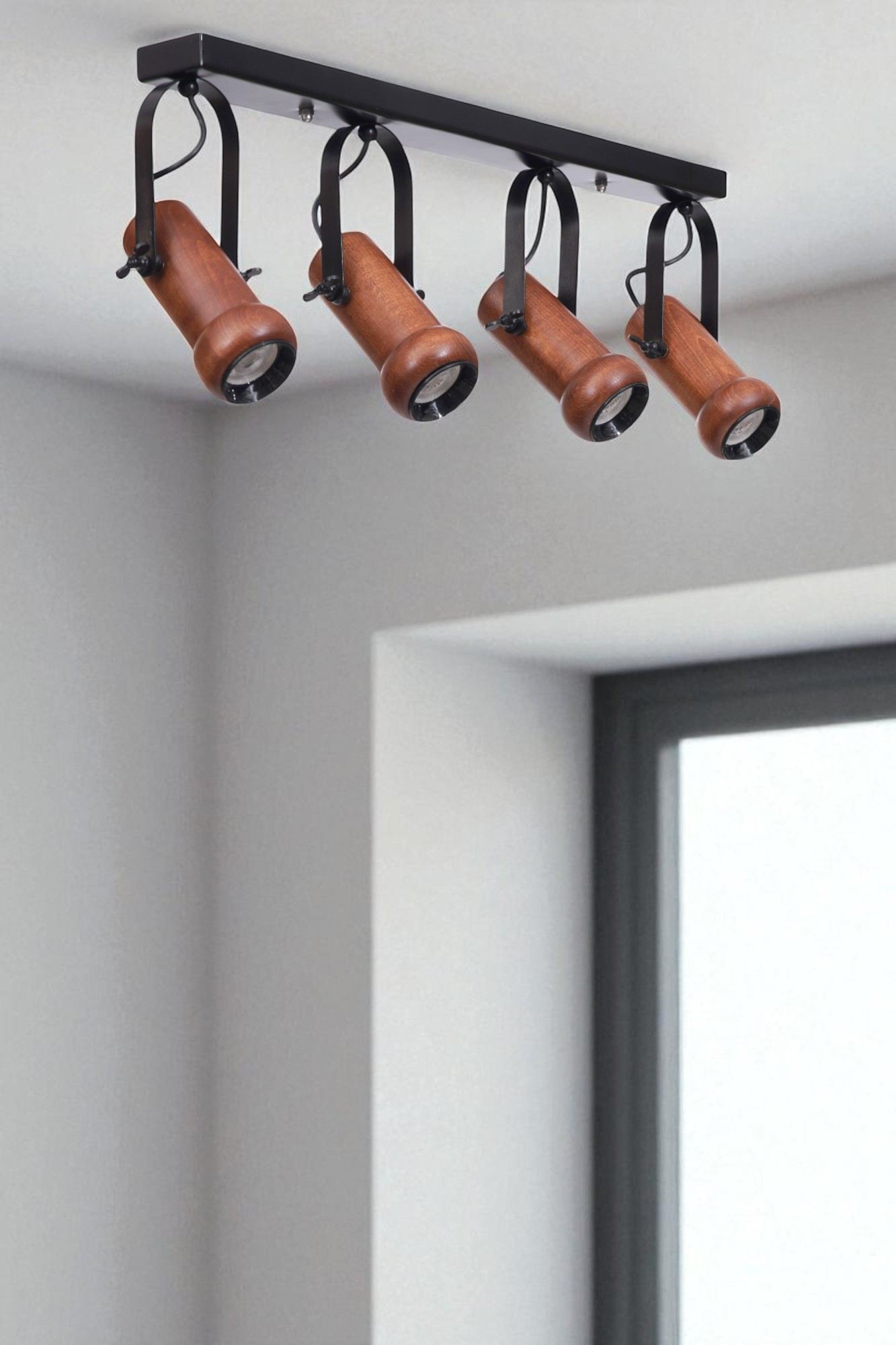 Candeeiro de Teto - 26 cm - Preto e Nogueira - Metal e Madeira