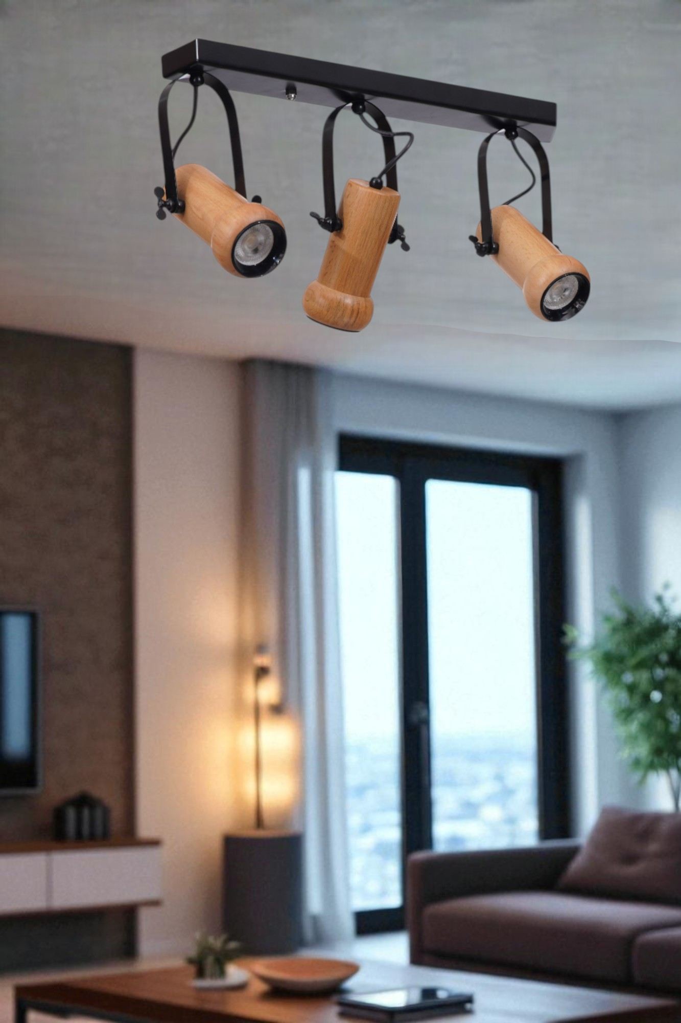 Candeeiro de Teto – 26 cm – Preto e Carvalho – Metal e Madeira