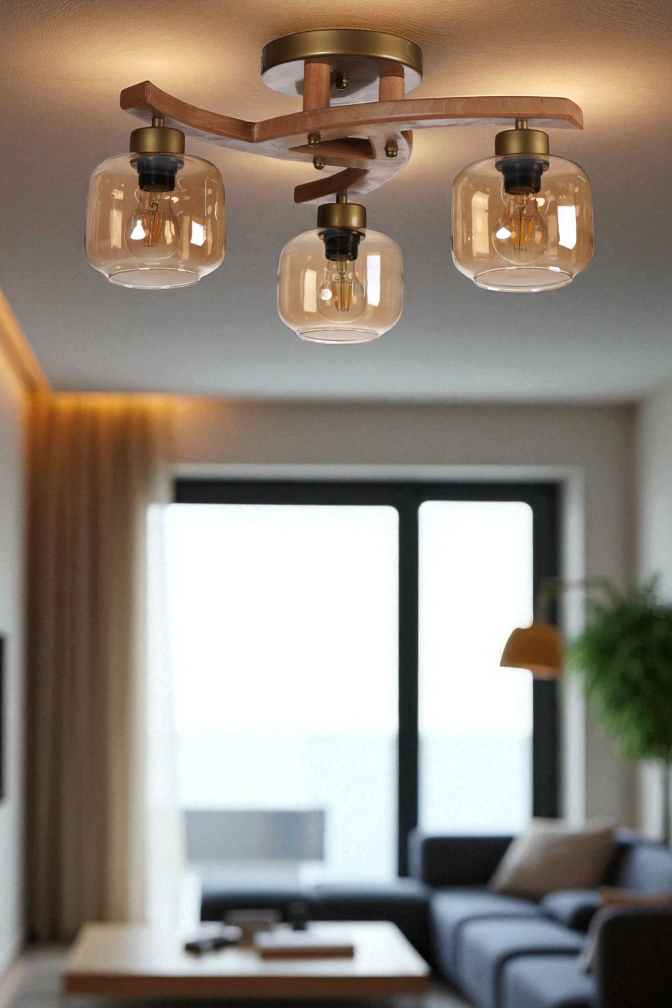 Candeeiro de Teto – 29 cm – Mel, Noz, Dourado – Metal e Vidro